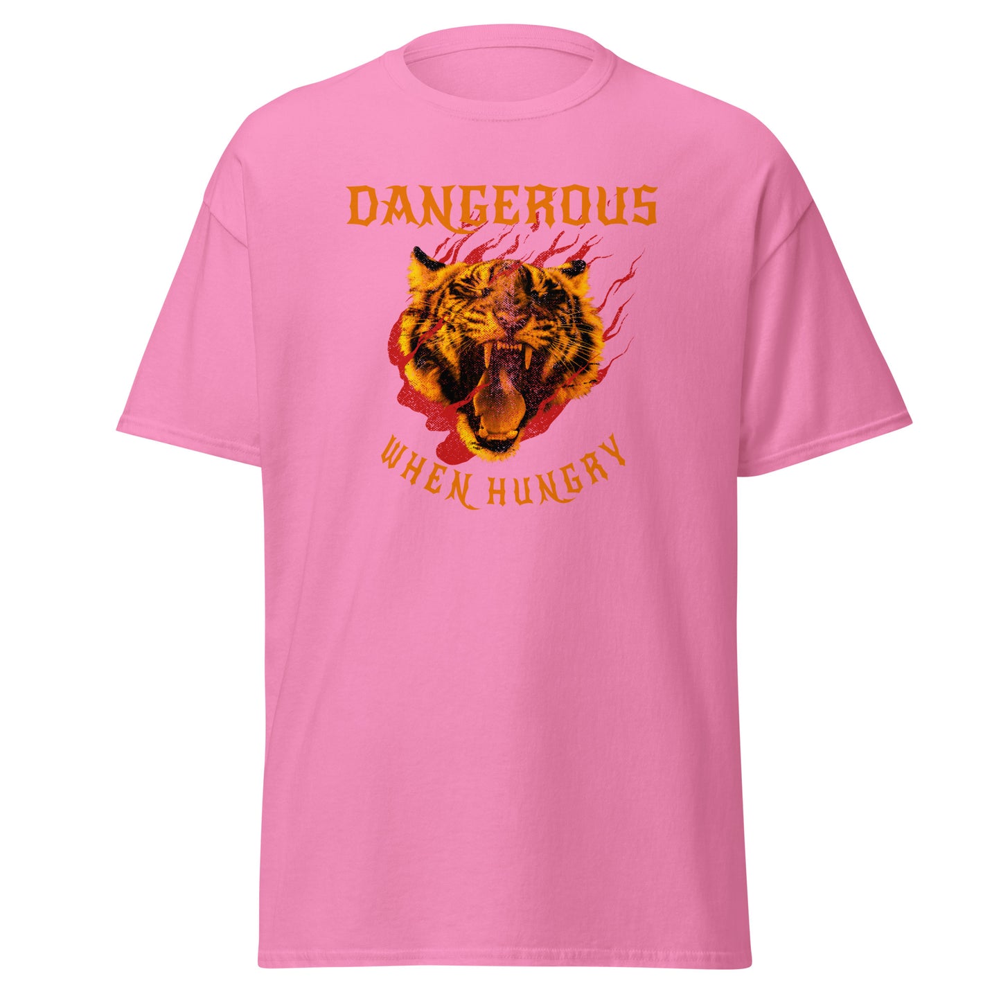 The Dangerous When Hungry T-Shirt by FunnyDripStore features a bold tiger head with flames and yellow-orange text reading DANGEROUS above and WHEN HUNGRY below—perfect for anyone who loves funny, eye-catching style.