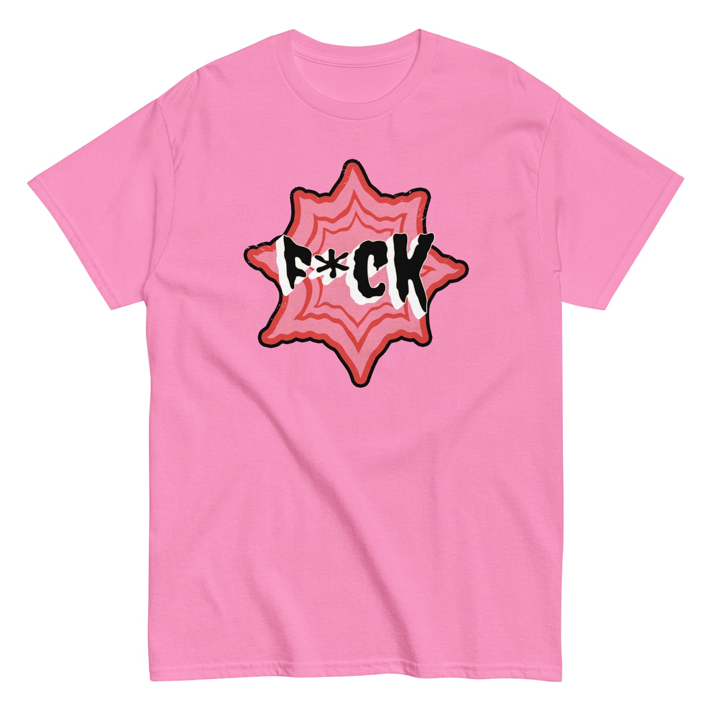 The F*ck T-Shirt by FunnyDripStore is a black tee with F*CK in bold black and white letters, a red asterisk as the U, all centered in a jagged red and pink starburst—a standout funny merch item.