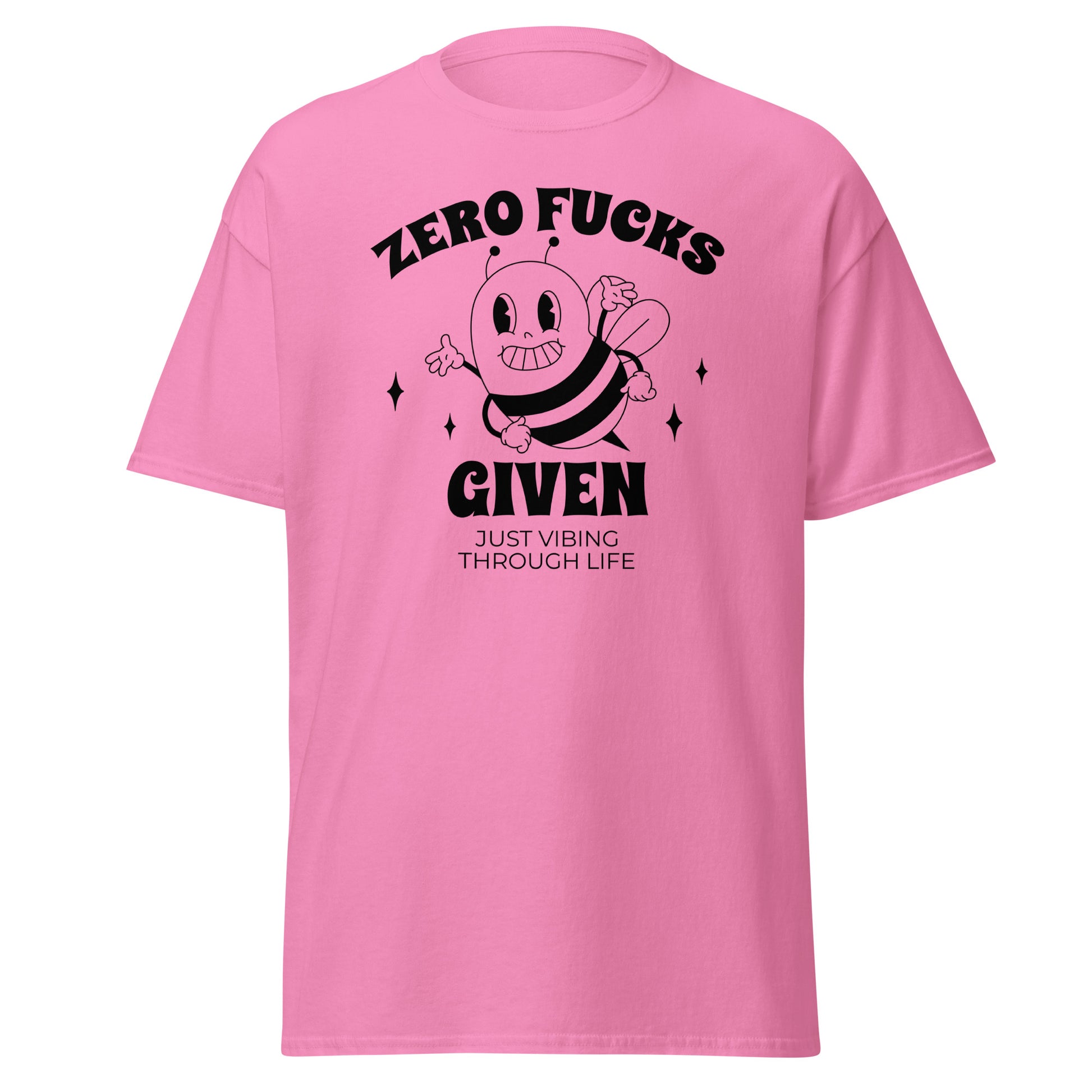 The Zero F*cks Given T-Shirt by FunnyDripStore features a smiling cartoon bee with raised arms, black sparkles, and ZERO F*CKS GIVEN plus JUST VIBING THROUGH LIFE—a perfect funny shirt for meme lovers.