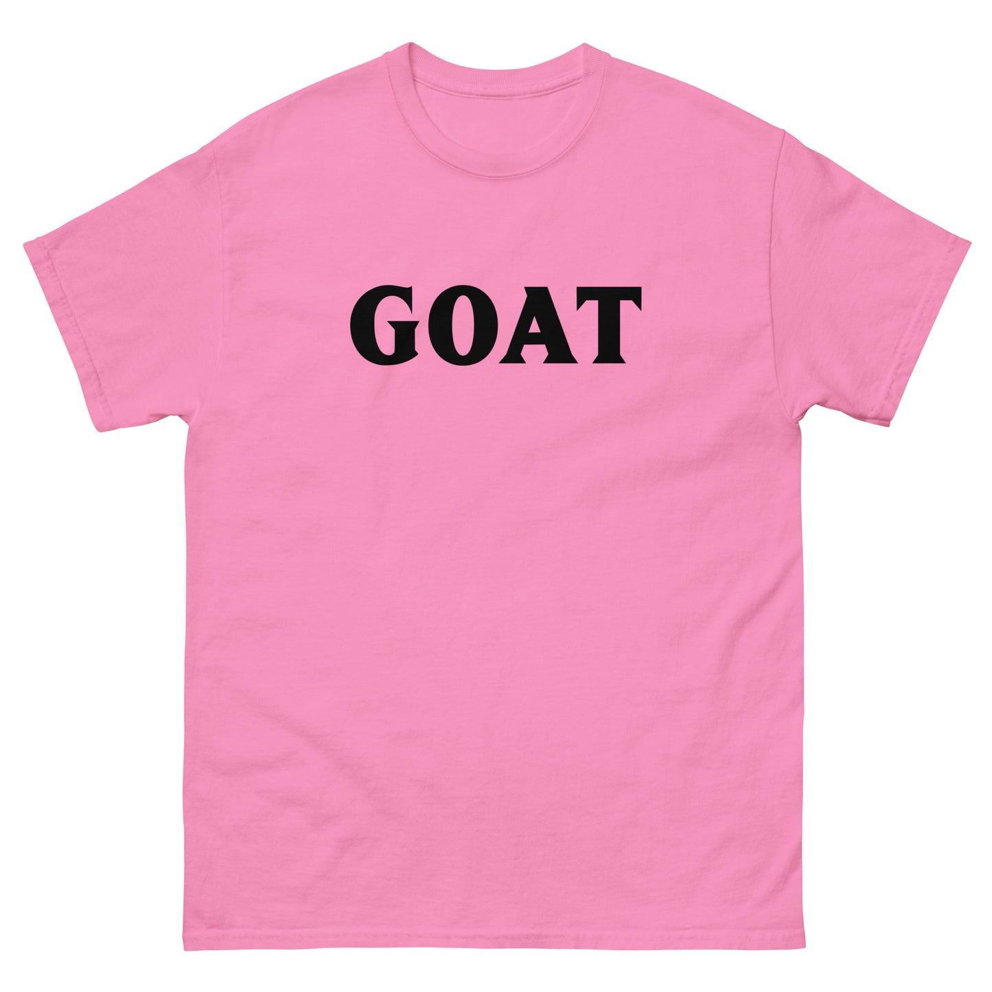 The GOAT T-Shirt by FunnyDripStore is a plain white tee with GOAT in bold, black letters across the chest—an ideal meme shirt for fans of funny clothing.