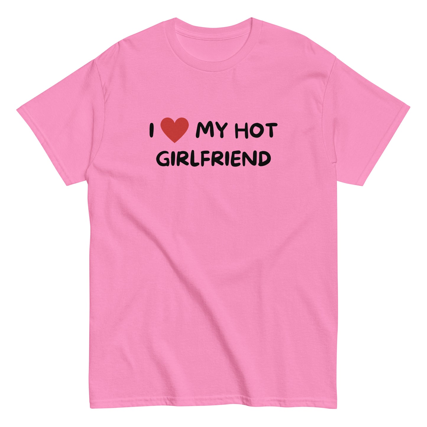 The I Love My Hot Girlfriend T-Shirt by FunnyDripStore features bold white lettering and a red heart on a purple shirt—a fun, standout choice for anyone who loves quirky and eye-catching clothing.