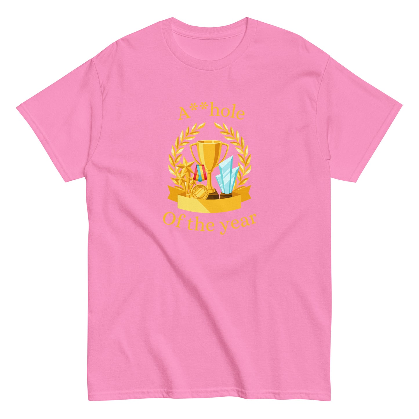The A**hole Of The Year T-Shirt by FunnyDripStore features a black design with a gold trophy, medals, laurel wreath graphic, and bold yellow text. Perfect funny merch for anyone who loves standout humor.
