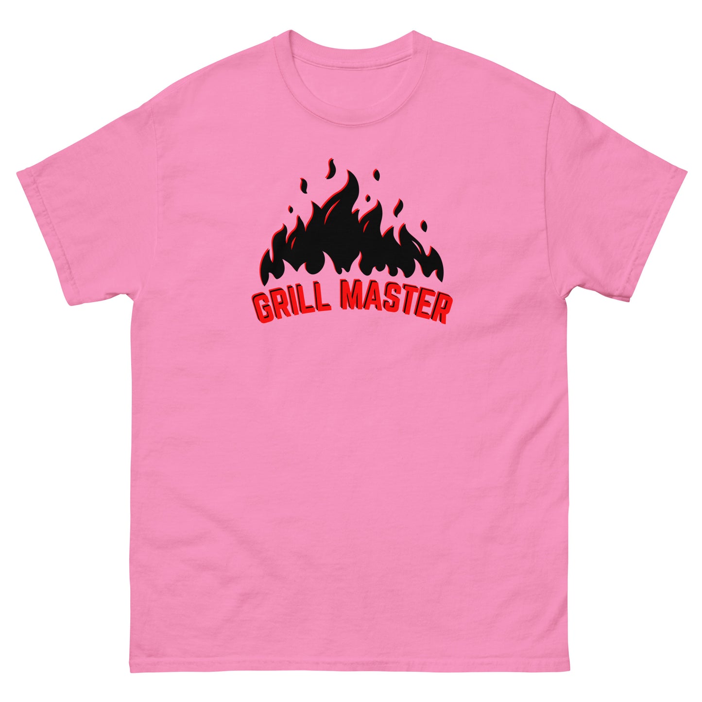 The Grill Master T-Shirt by FunnyDripStore: a yellow tee with black flames above bold red GRILL MASTER text—funny merch perfect for any BBQ lover.