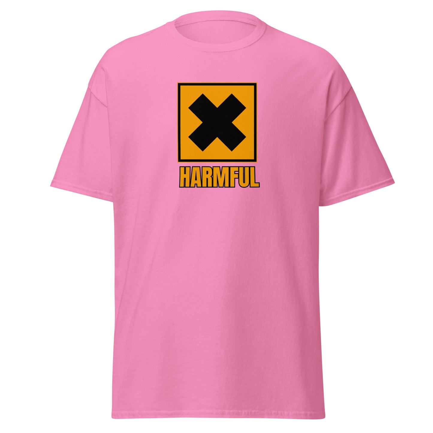 The Harmful T-Shirt by FunnyDripStore is a yellow meme shirt with a bold black X in a square above HARMFUL in black letters on the chest.