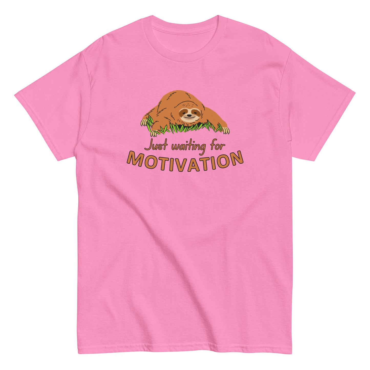 The Just Waiting For Motivation T-Shirt by FunnyDripStore features a smiling sloth on grass above bold orange and yellow text—a perfect choice for fans of funny apparel.