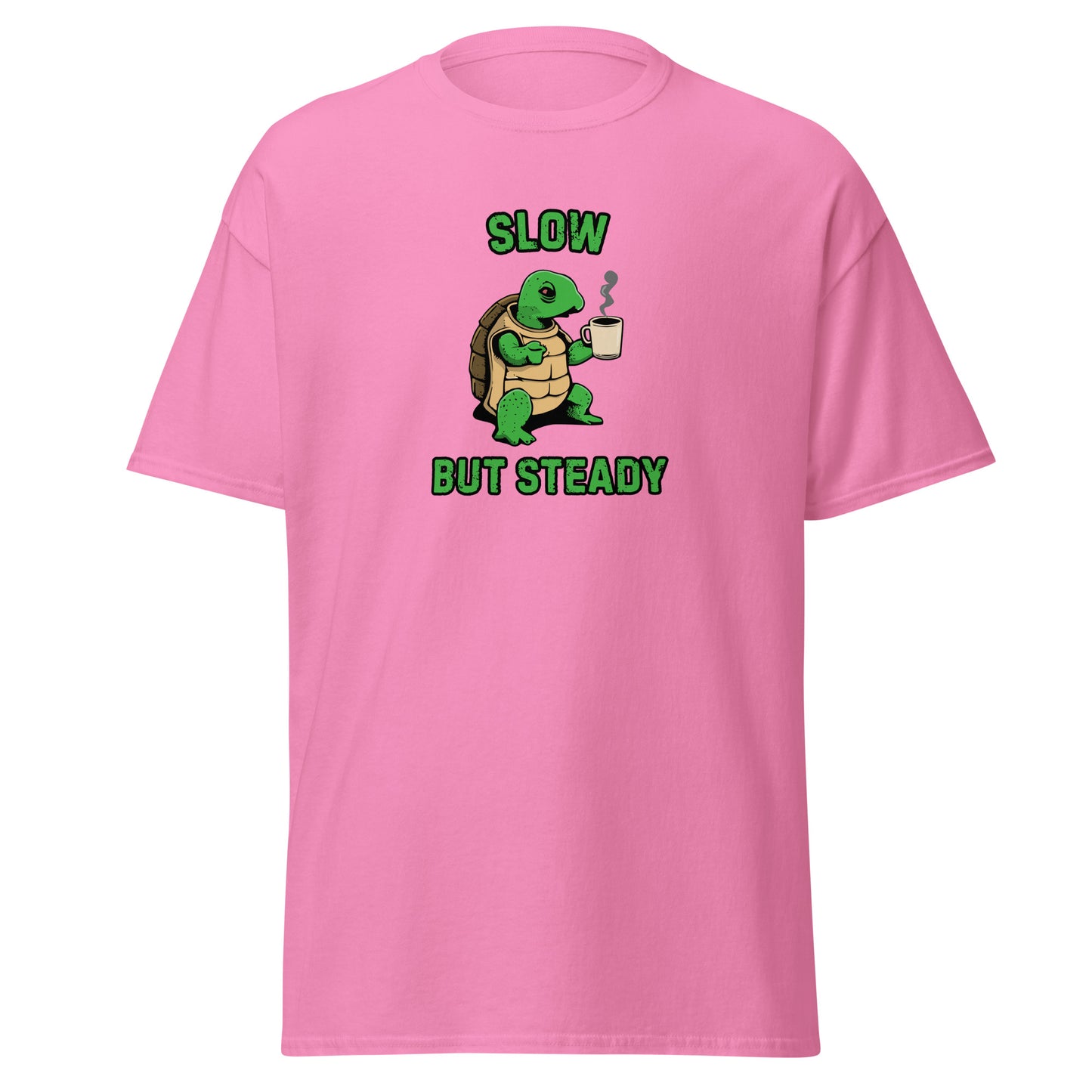 The FunnyDripStore Slow But Steady T-Shirt is a black tee with a cartoon turtle holding a coffee mug and SLOW above and BUT STEADY below in green—perfect meme shirt for coffee lovers.