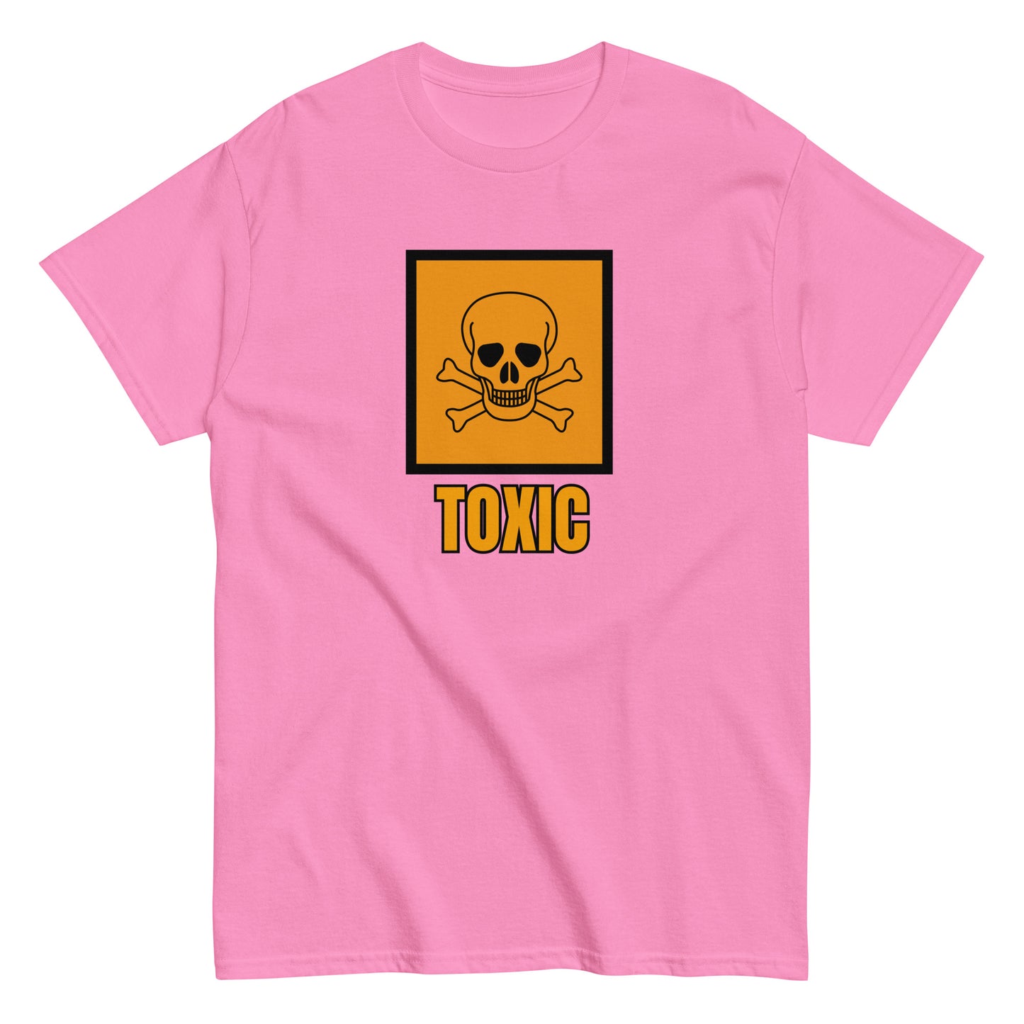 The FunnyDripStore Toxic T-Shirt features a bold yellow square with a black skull and crossbones above TOXIC in yellow on the front. This black meme shirt is perfect for those who love humorous clothing.