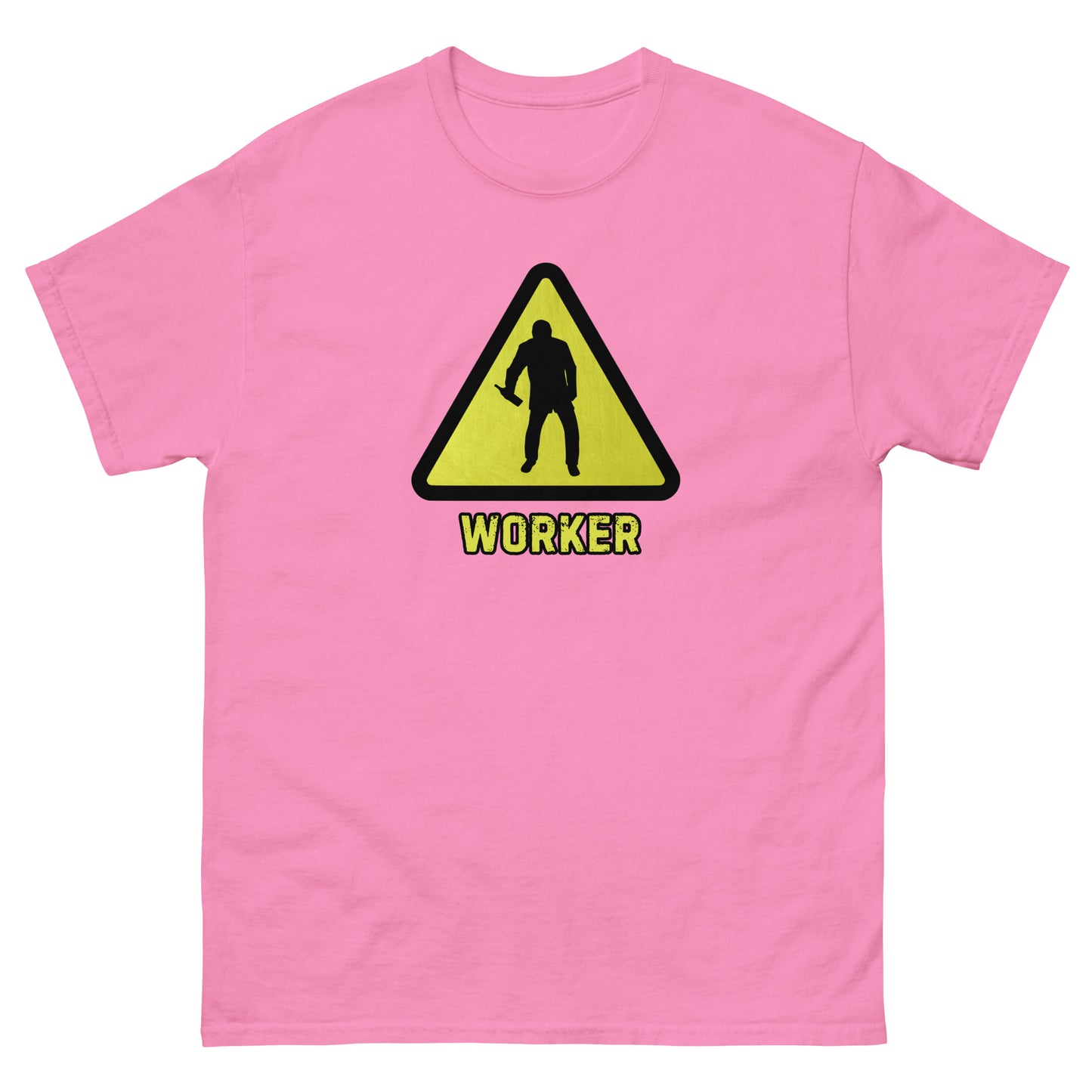 The Worker T-Shirt by FunnyDripStore features a yellow triangular warning sign with a worker silhouette and bold yellow WORKER text on black—a funny shirt for anyone who enjoys meme apparel and humorous graphic tees.