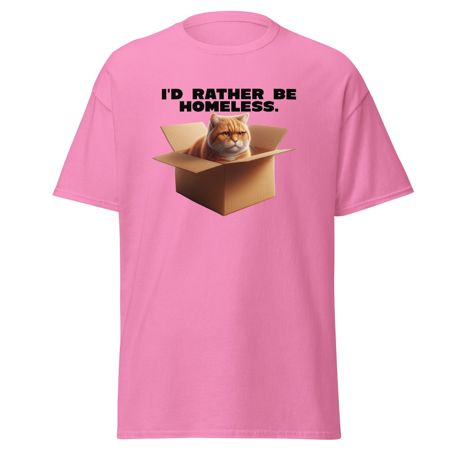 The Id Rather Be Homeless T-Shirt by FunnyDripStore features a grumpy orange cat in a box on a gold tee—perfect quirky merch for cat lovers and fans of clever text shirts.