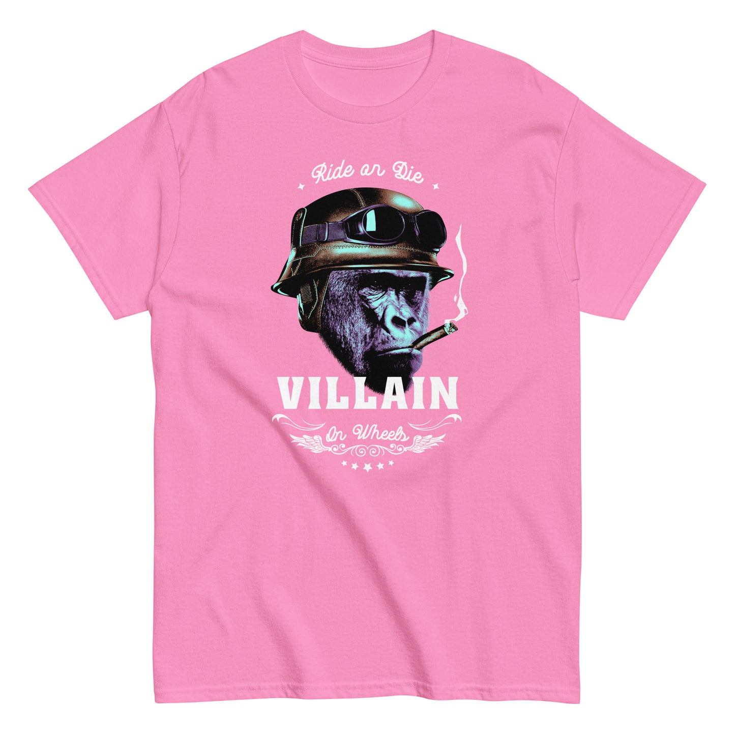 The Villain T-Shirt by FunnyDripStore features a gorilla in a helmet and goggles, smoking a cigarette, with Ride or Die above and Villain on Wheels below. This bold black tee is perfect for fans of unique, funny clothing.