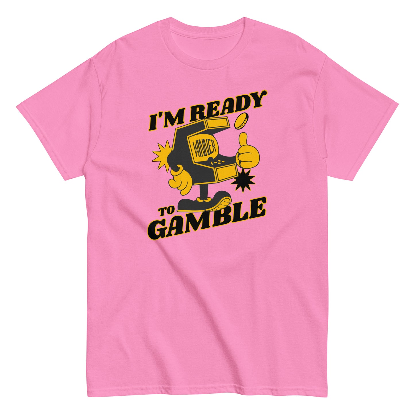 The Im Ready To Gamble T-Shirt by FunnyDripStore comes in gold and features a cartoon slot machine giving a thumbs up with coins, stars, and bold IM READY TO GAMBLE text—perfect for fans of unique and funny clothing.