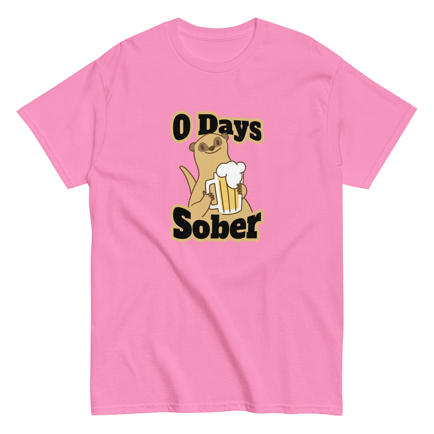 The 0 Days Sober T-Shirt by FunnyDripStore features a cartoon meerkat with a beer mug and bold 0 Days Sober text, printed on a navy shirt—ideal quirky, funny clothing for fans of humorous style.