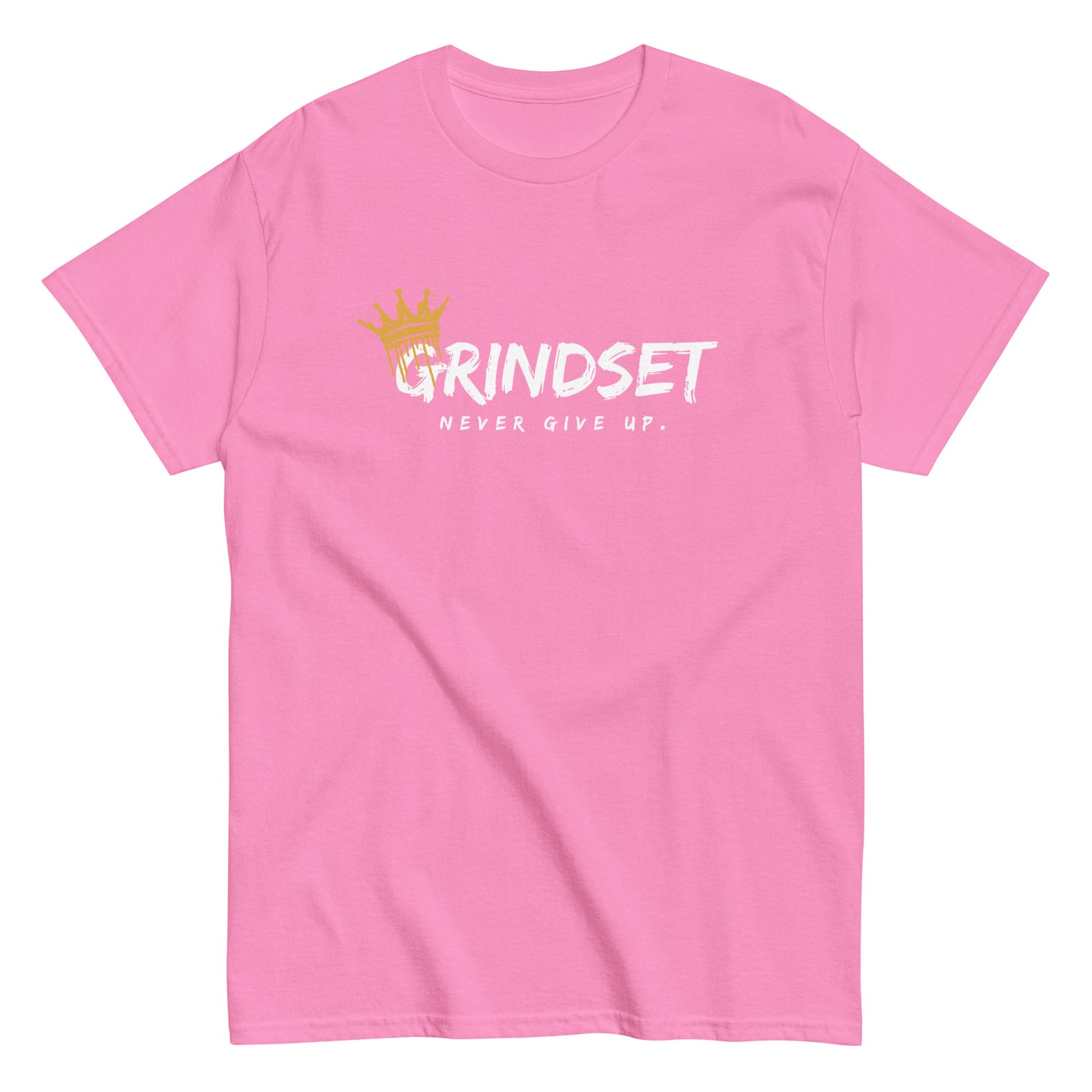 The Grindset T-Shirt by FunnyDripStore is a purple tee featuring GRINDSET in bold white letters with a gold crown over the G, and NEVER GIVE UP. below—ideal for fans of clever text shirts.