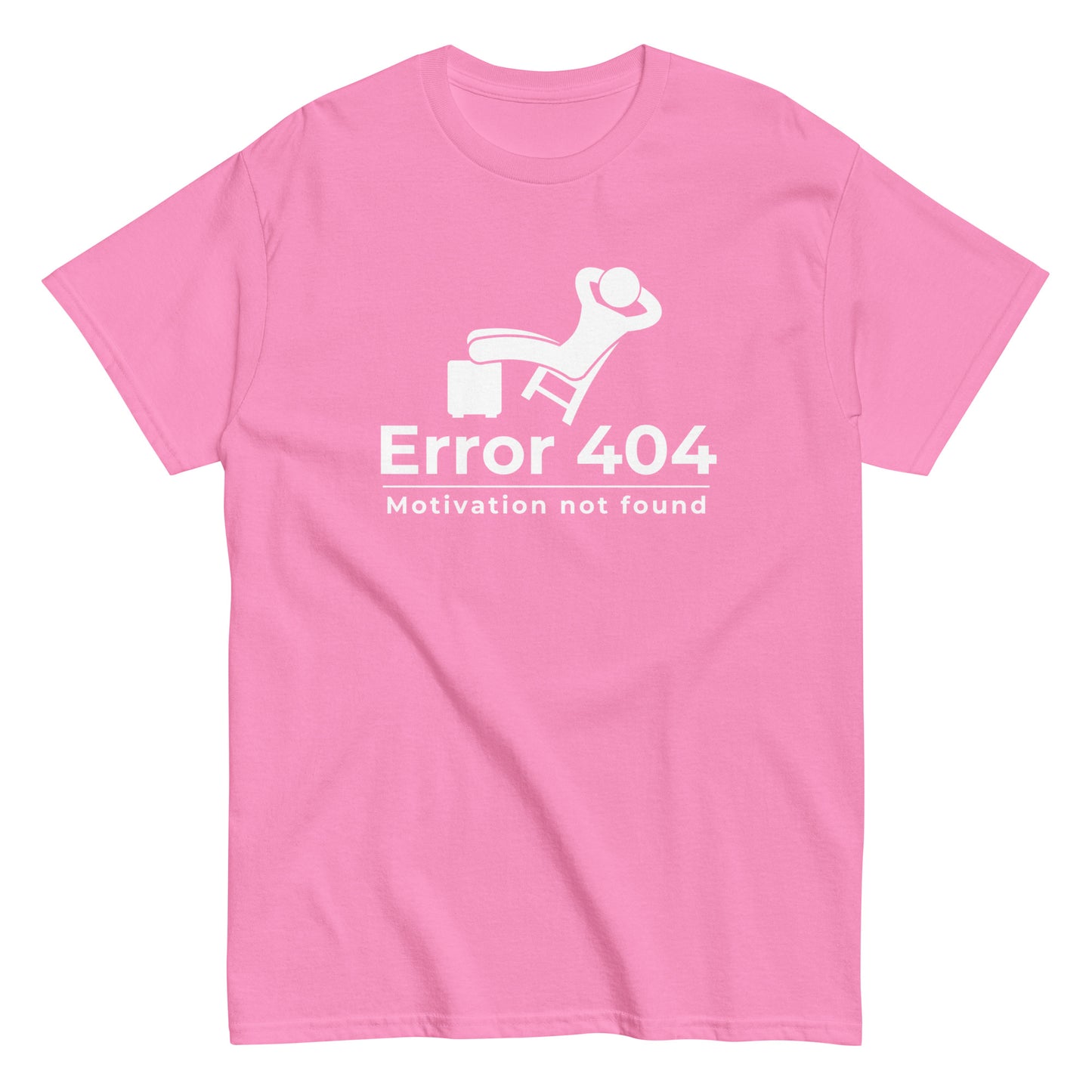 The FunnyDripStore Error 404 T-Shirt in black features a graphic of a relaxed person and the “Motivation not found” caption—perfect for showing off your laid-back mood with humor.