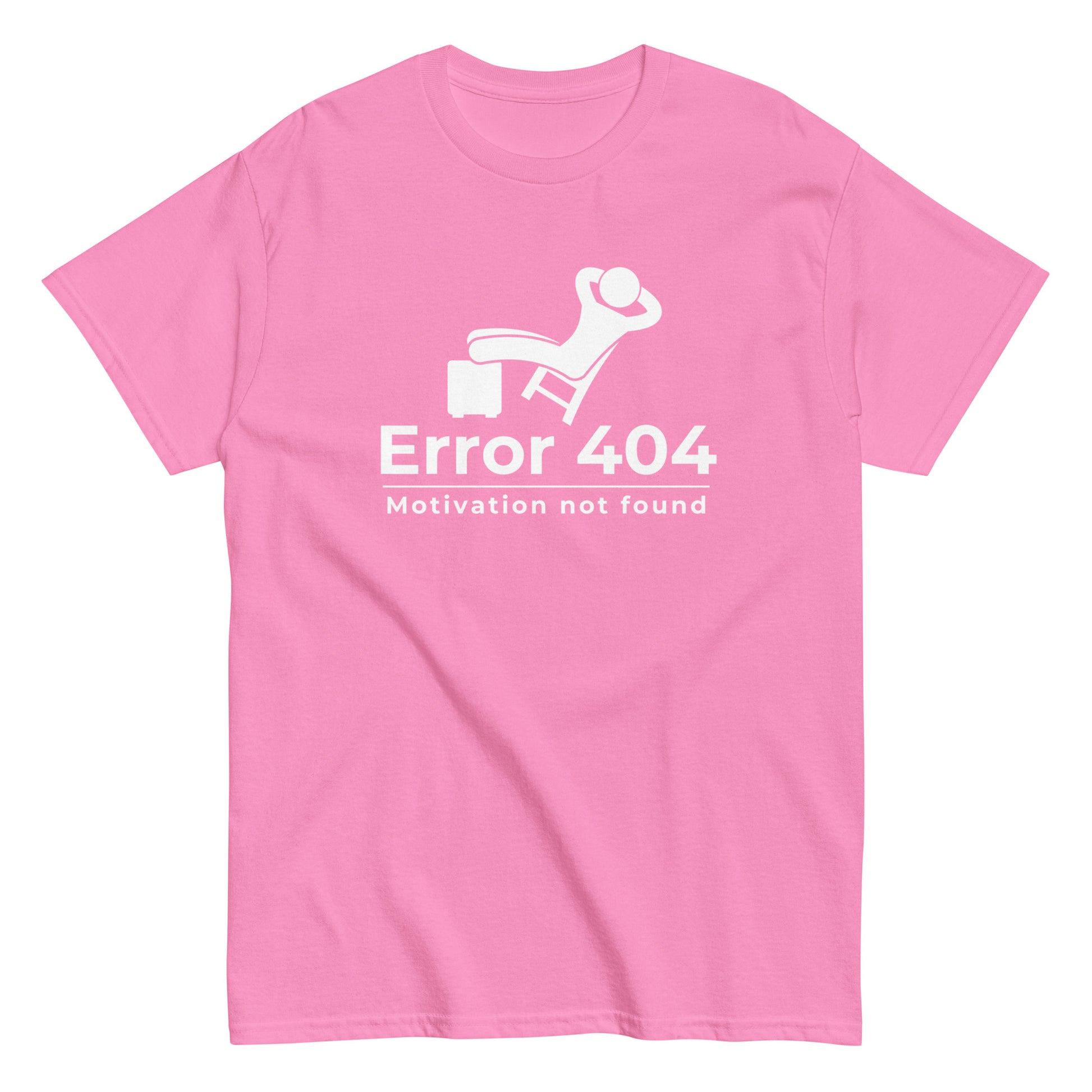 The FunnyDripStore Error 404 T-Shirt in black features a graphic of a relaxed person and the “Motivation not found” caption—perfect for showing off your laid-back mood with humor.