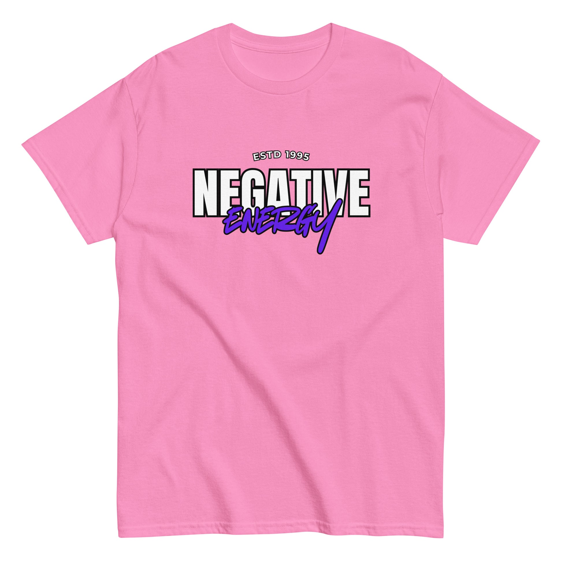The Negative Energy T-Shirt by FunnyDripStore is a white tee featuring bold black and purple ESTD 1996 NEGATIVE ENERGY lettering—perfect for fans of witty, playful merch.