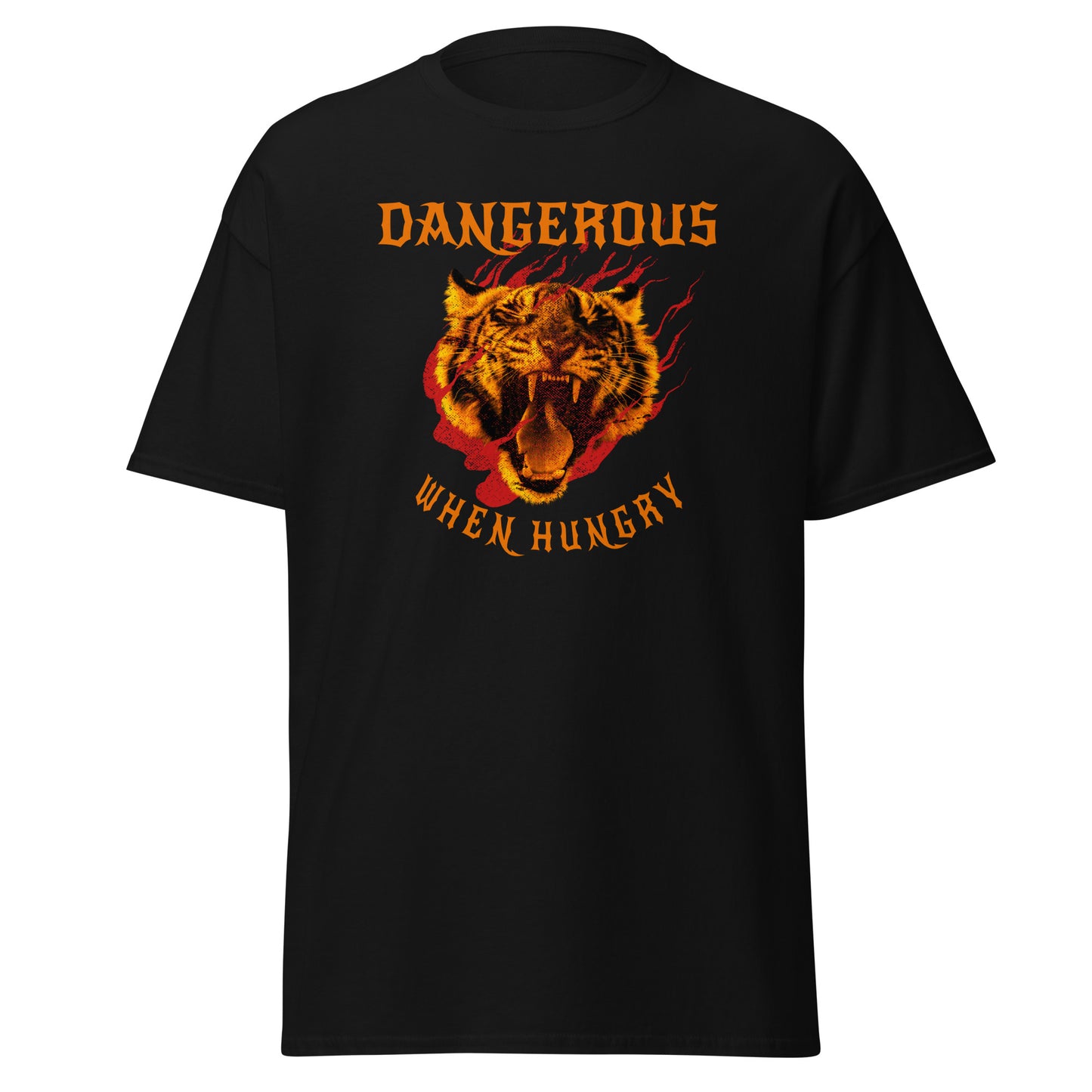 The Dangerous When Hungry T-Shirt features a bold tiger head with flames and yellow-orange text reading DANGEROUS above and WHEN HUNGRY below—perfect for anyone who loves funny, eye-catching style.