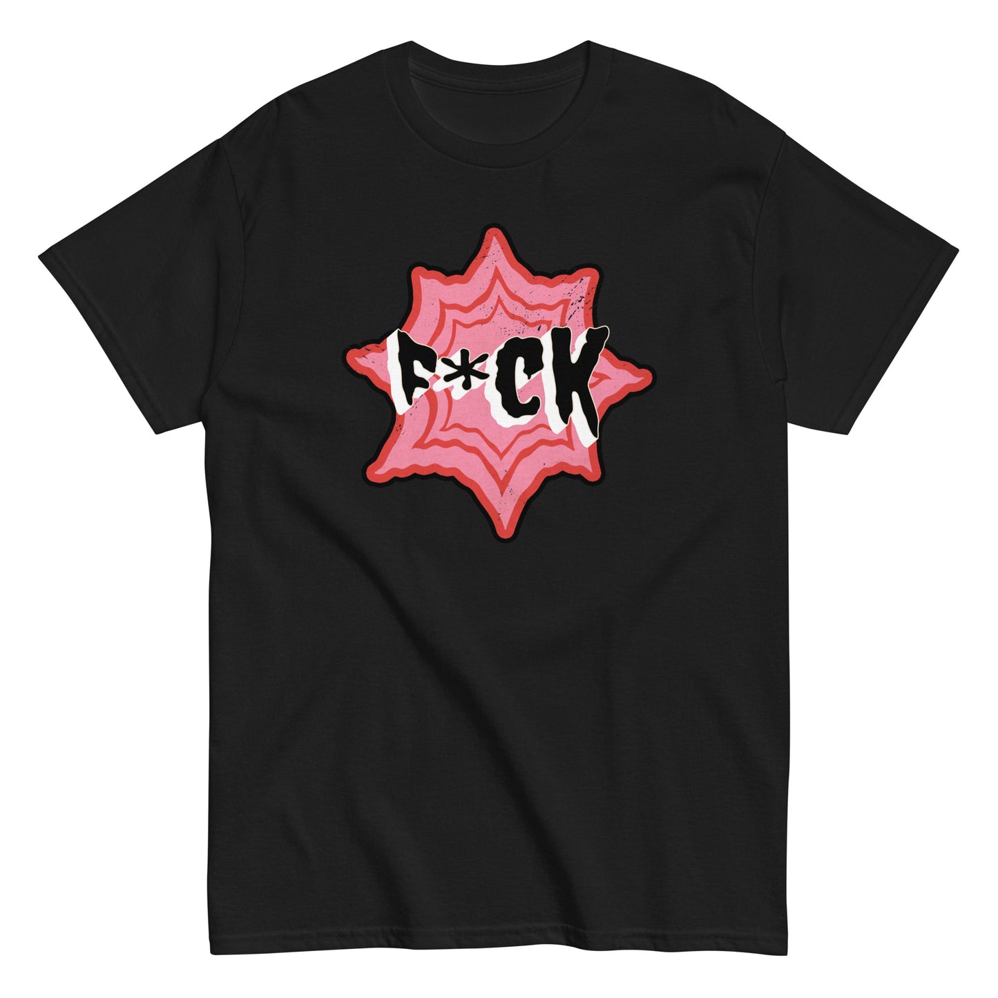 The F*ck T-Shirt by FunnyDripStore is a black tee with F*CK in bold black and white letters, a red asterisk as the U, all centered in a jagged red and pink starburst—a standout funny merch item.