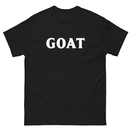 The GOAT T-Shirt by FunnyDripStore is a plain white tee with GOAT in bold, black letters across the chest—an ideal meme shirt for fans of funny clothing.