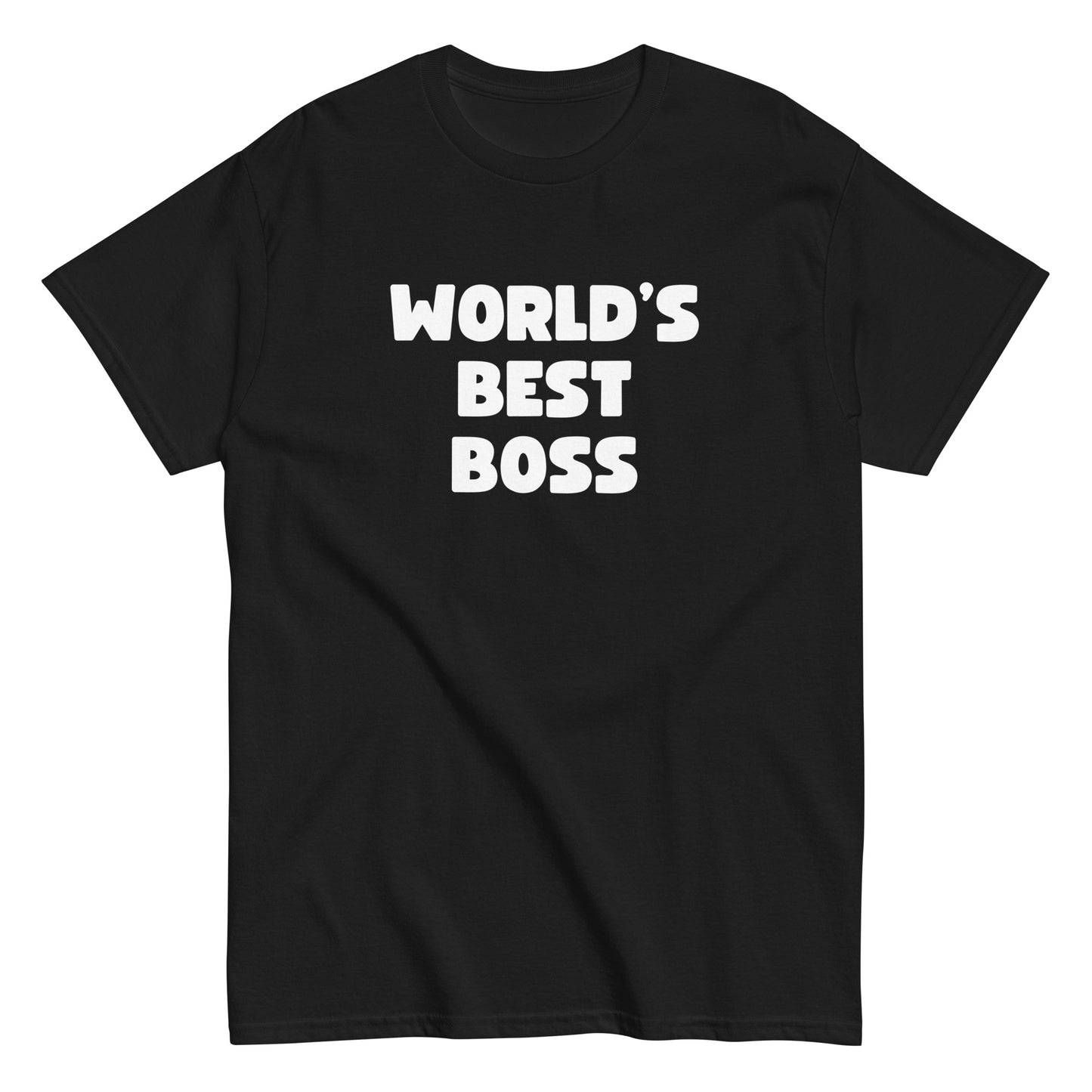 The Worlds Best Boss T-Shirt by FunnyDripStore features bold, white playful lettering on black—perfect as a funny shirt and must-have merch for fans of humorous style.