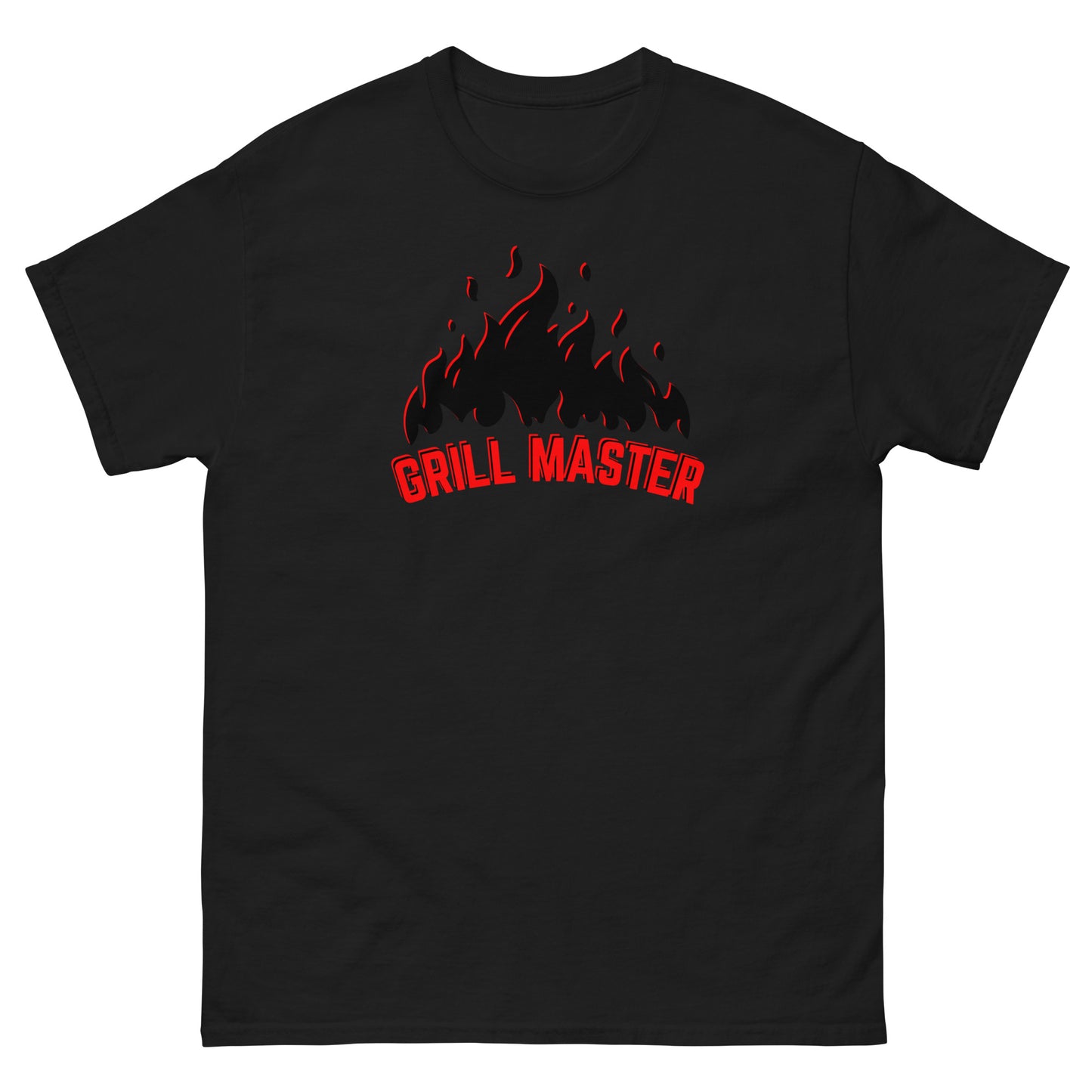 The Grill Master T-Shirt by FunnyDripStore: a yellow tee with black flames above bold red GRILL MASTER text—funny merch perfect for any BBQ lover.