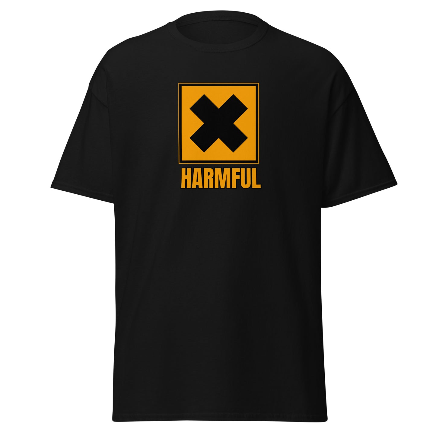 The Harmful T-Shirt by FunnyDripStore is a yellow meme shirt with a bold black X in a square above HARMFUL in black letters on the chest.