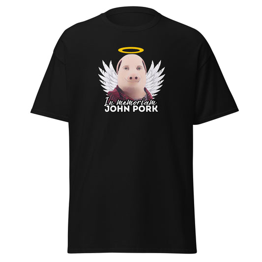 The John Pork T-Shirt by FunnyDripStore features a gray design with a pig’s head, angel wings, and yellow halo. Below, “In memoriam JOHN PORK” is printed—ideal for quirky style lovers who enjoy unique, humorous fashion.