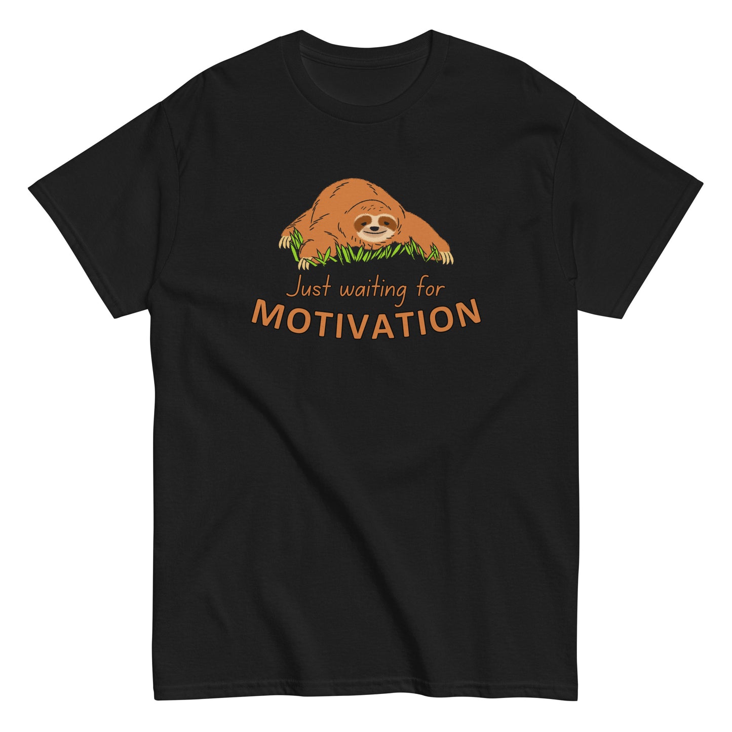 The Just Waiting For Motivation T-Shirt by FunnyDripStore features a smiling sloth on grass above bold orange and yellow text—a perfect choice for fans of funny apparel.