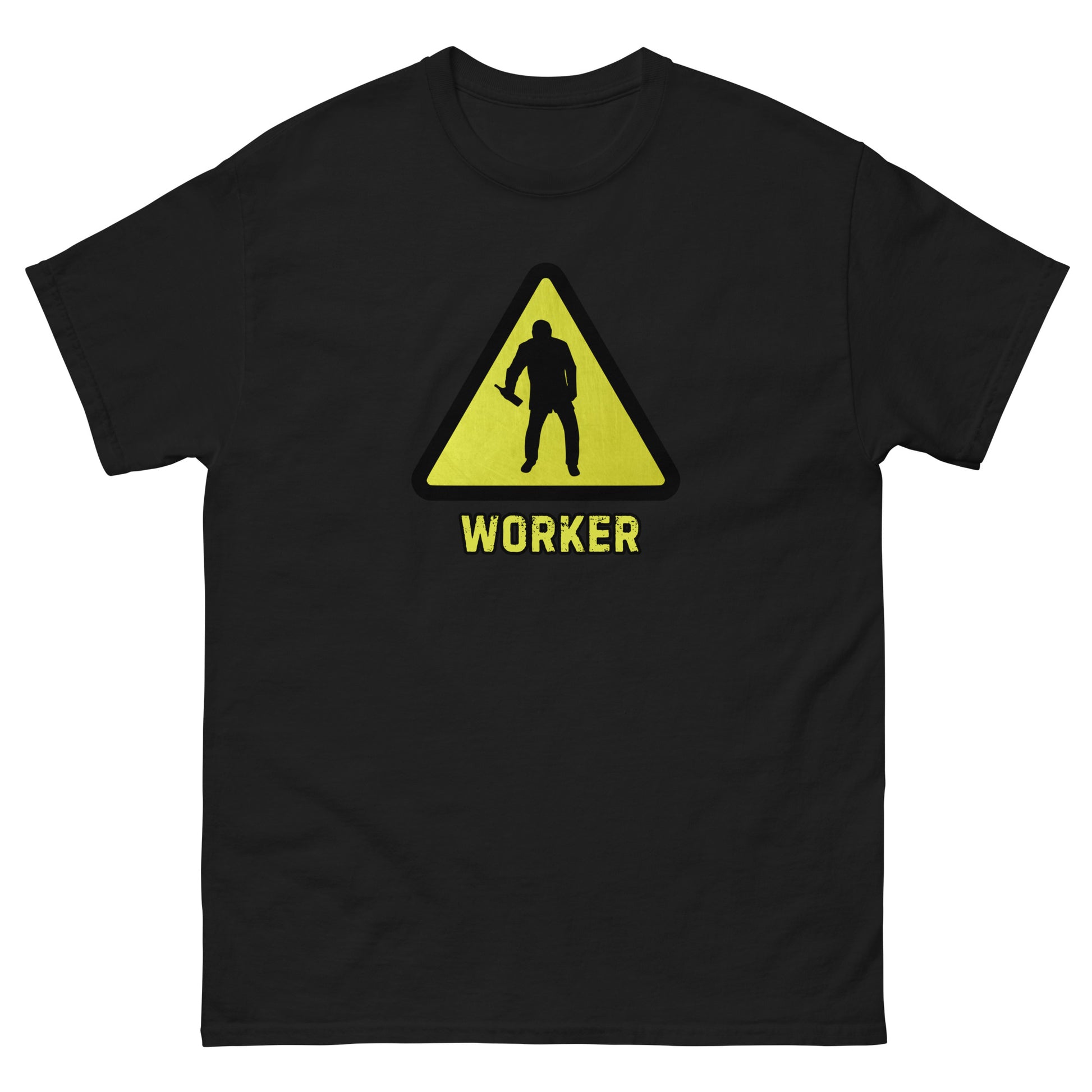 The Worker T-Shirt by FunnyDripStore features a yellow triangular warning sign with a worker silhouette and bold yellow WORKER text on black—a funny shirt for anyone who enjoys meme apparel and humorous graphic tees.