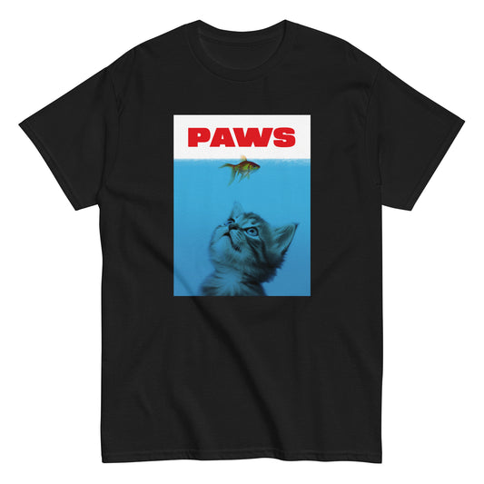 The Paws T-Shirt features a kitten underwater eyeing a goldfish, with PAWS in bold red— a humorous meme shirt parodying the classic Jaws poster.