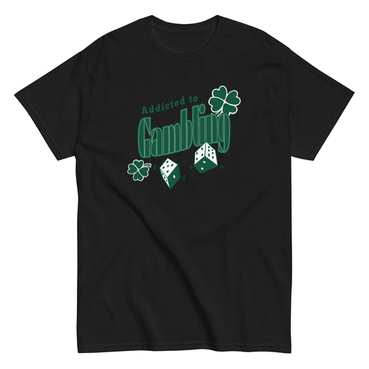 The Addicted To Gambling T-Shirt by FunnyDripStore is a white tee with green Addicted to Gambling lettering, two dice, and three shamrocks—a hilarious choice for meme shirt fans.
