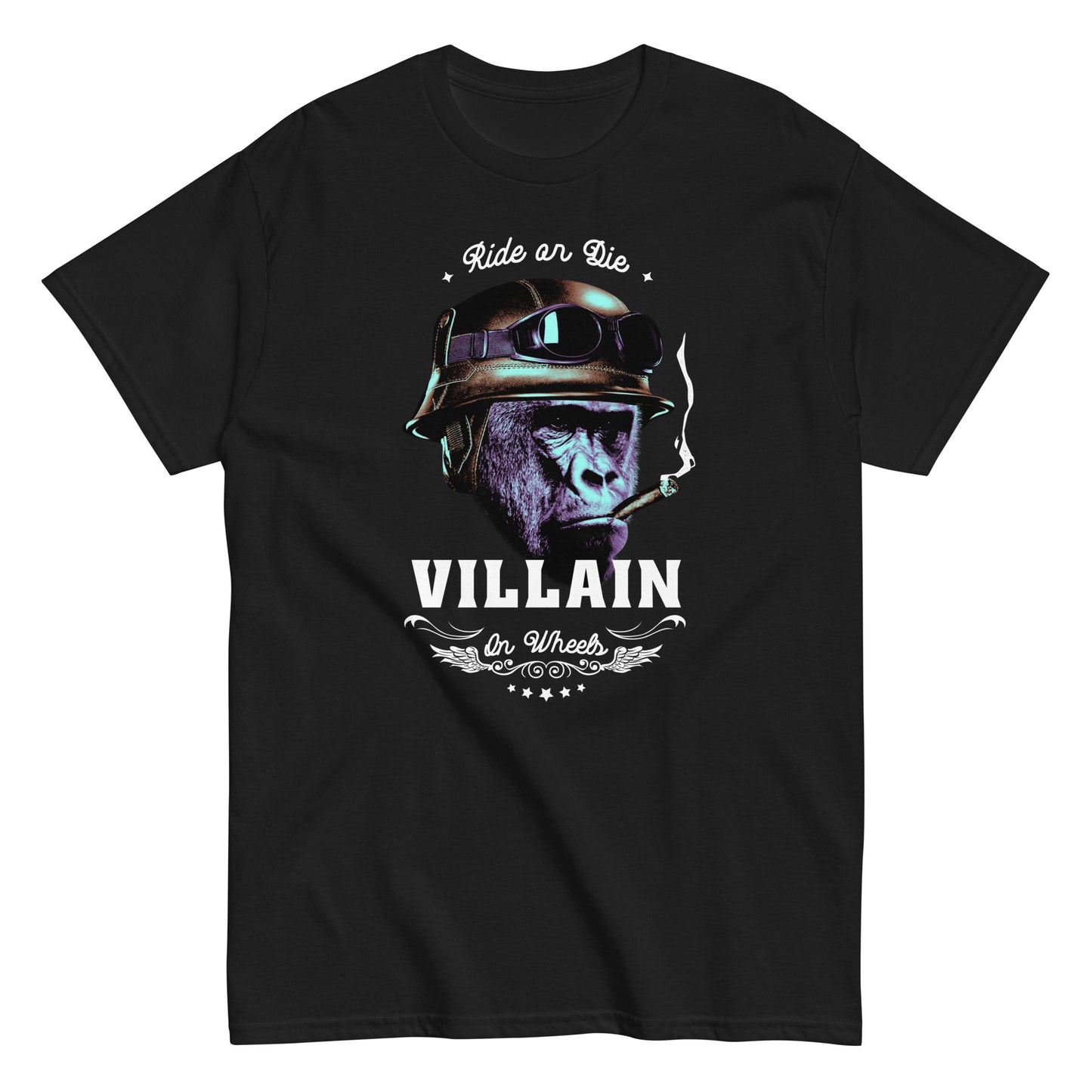 The Villain T-Shirt by FunnyDripStore features a gorilla in a helmet and goggles, smoking a cigarette, with Ride or Die above and Villain on Wheels below. This bold black tee is perfect for fans of unique, funny clothing.