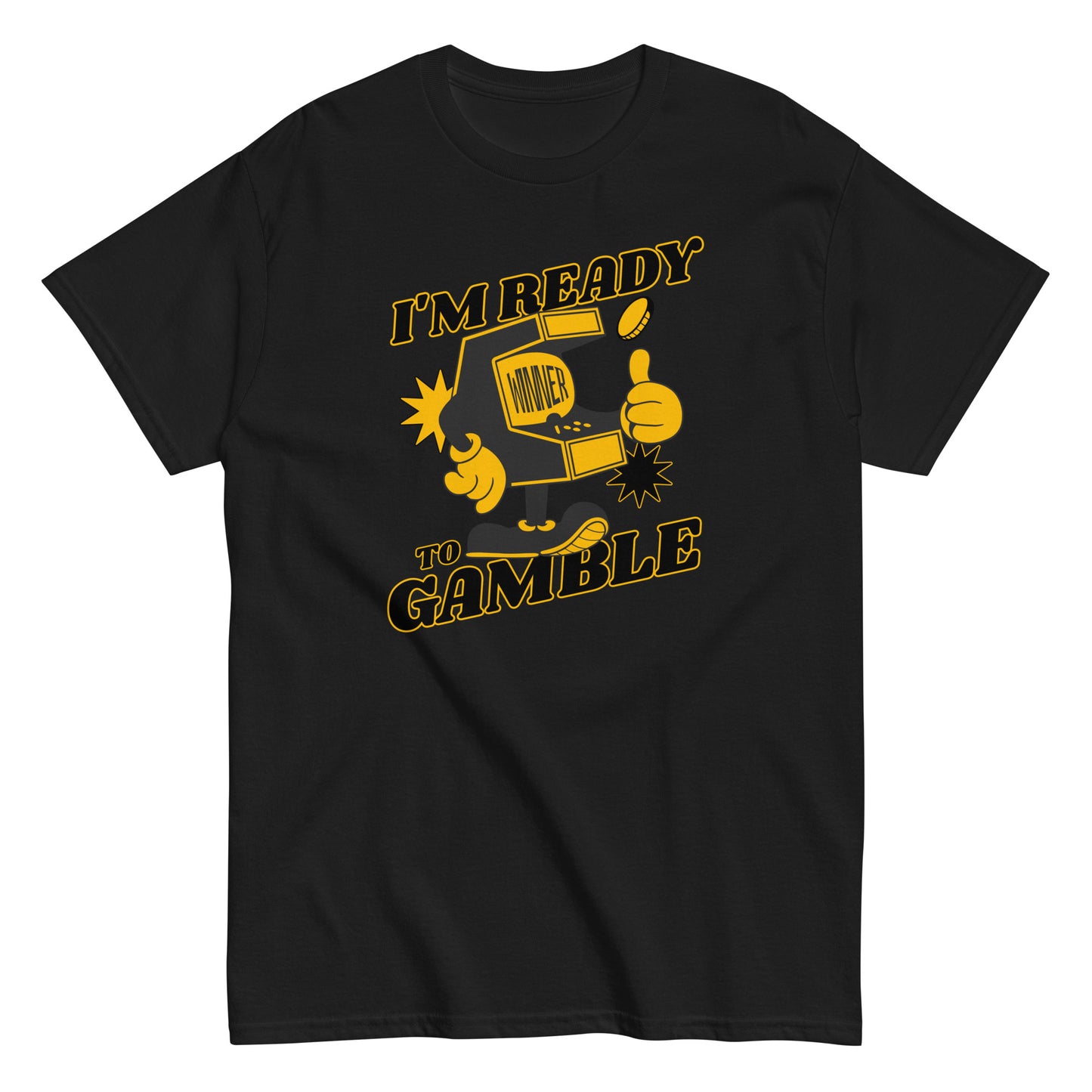 The Im Ready To Gamble T-Shirt by FunnyDripStore comes in gold and features a cartoon slot machine giving a thumbs up with coins, stars, and bold IM READY TO GAMBLE text—perfect for fans of unique and funny clothing.