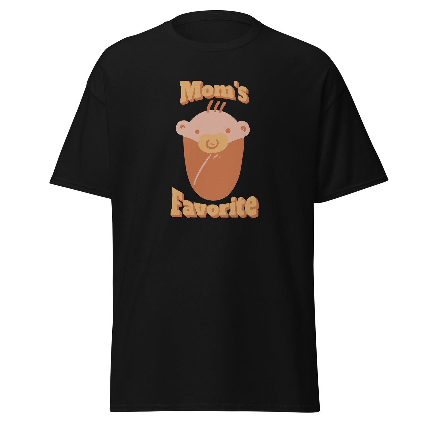 FunnyDripStore’s Moms Favorite T-Shirt in black features a cartoon baby face with a pacifier and “Moms Favorite” text in light brown—a playful, funny tee perfect for anyone who loves to show off their sense of humor!.