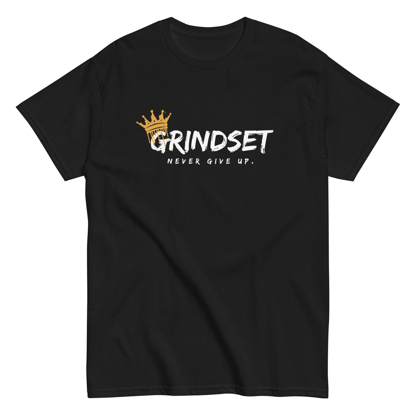 The Grindset T-Shirt by FunnyDripStore is a purple tee featuring GRINDSET in bold white letters with a gold crown over the G, and NEVER GIVE UP. below—ideal for fans of clever text shirts.