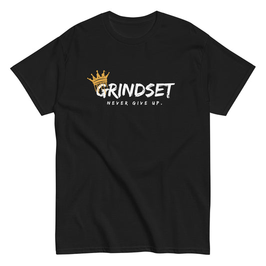 The Grindset T-Shirt by FunnyDripStore is a purple tee featuring GRINDSET in bold white letters with a gold crown over the G, and NEVER GIVE UP. below—ideal for fans of clever text shirts.
