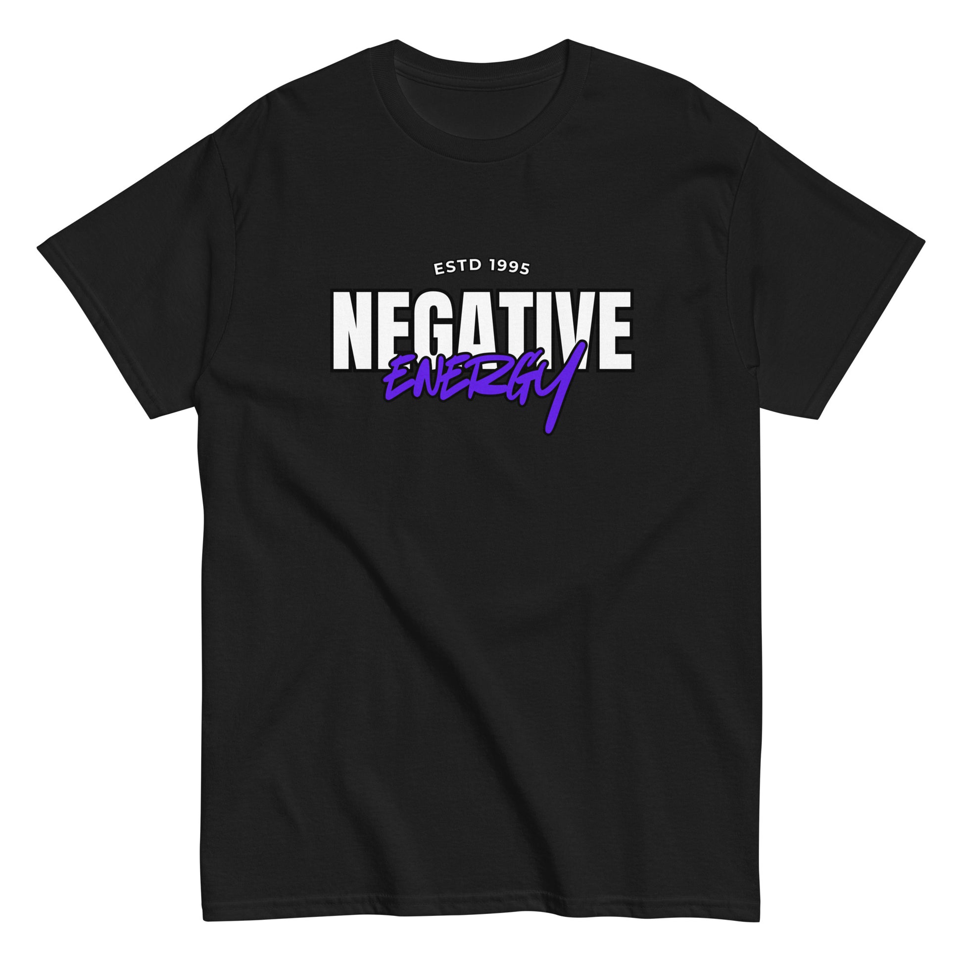 The Negative Energy T-Shirt by FunnyDripStore is a white tee featuring bold black and purple ESTD 1996 NEGATIVE ENERGY lettering—perfect for fans of witty, playful merch.