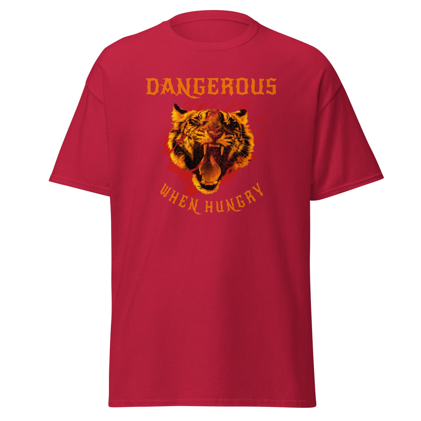 The Dangerous When Hungry T-Shirt by FunnyDripStore features a bold tiger head with flames and yellow-orange text reading DANGEROUS above and WHEN HUNGRY below—perfect for anyone who loves funny, eye-catching style.