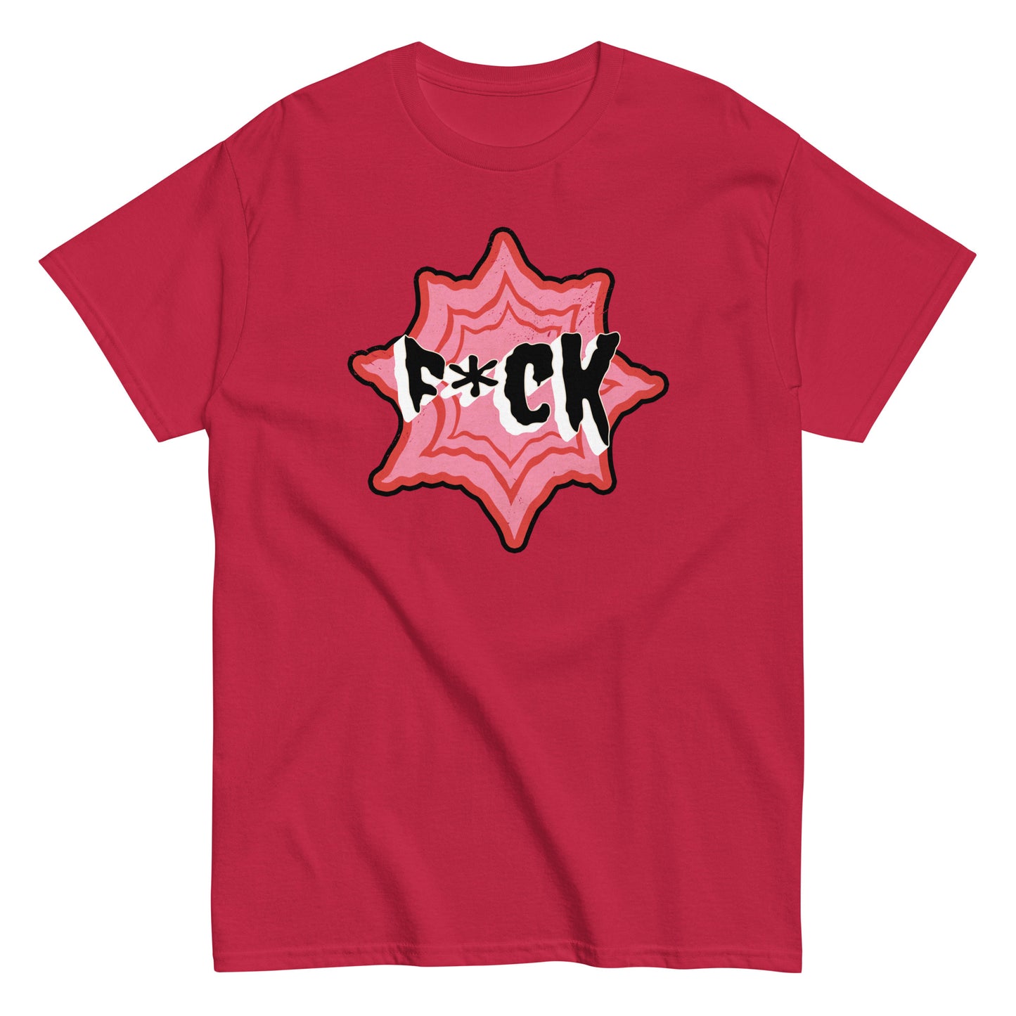 The F*ck T-Shirt by FunnyDripStore is a black tee with F*CK in bold black and white letters, a red asterisk as the U, all centered in a jagged red and pink starburst—a standout funny merch item.