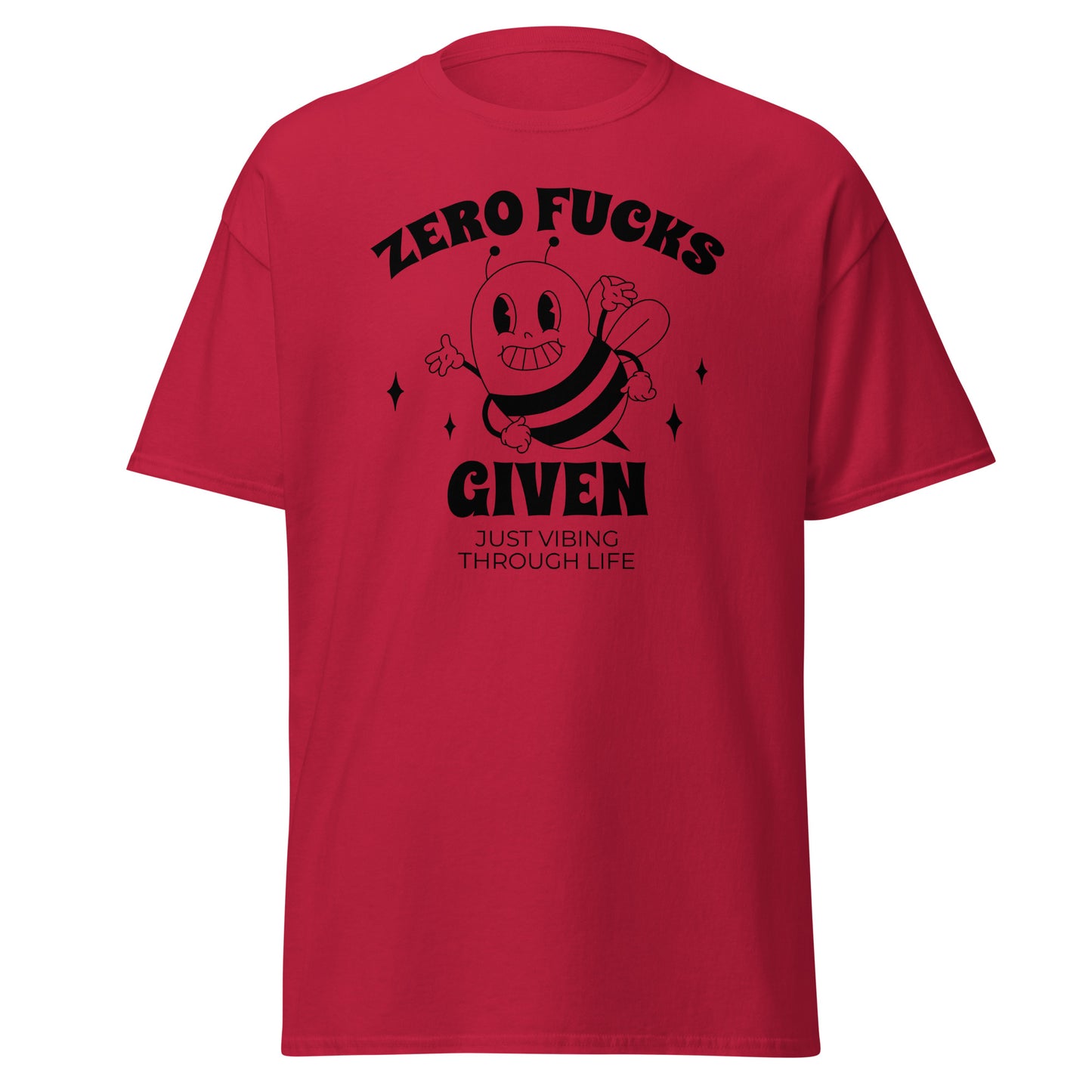 The Zero F*cks Given T-Shirt by FunnyDripStore features a smiling cartoon bee with raised arms, black sparkles, and ZERO F*CKS GIVEN plus JUST VIBING THROUGH LIFE—a perfect funny shirt for meme lovers.