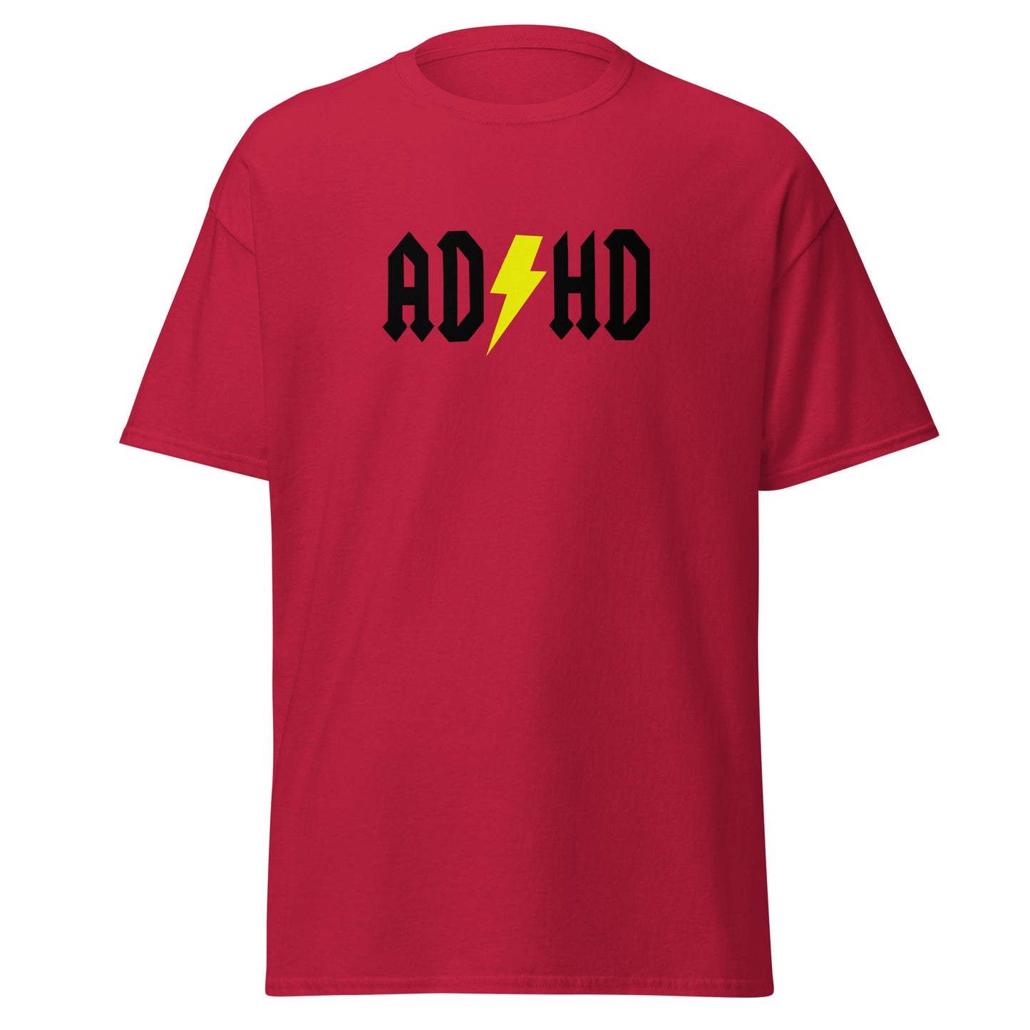 The ADHD T-Shirt by FunnyDripStore features ADHD in bold white letters with a yellow lightning bolt as the second H, styled like the AC/DC logo—a great gift for anyone who loves funny graphic tees.