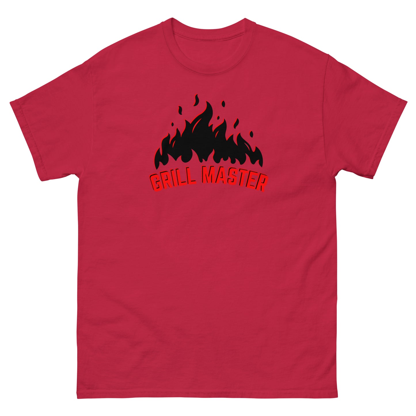 The Grill Master T-Shirt by FunnyDripStore: a yellow tee with black flames above bold red GRILL MASTER text—funny merch perfect for any BBQ lover.