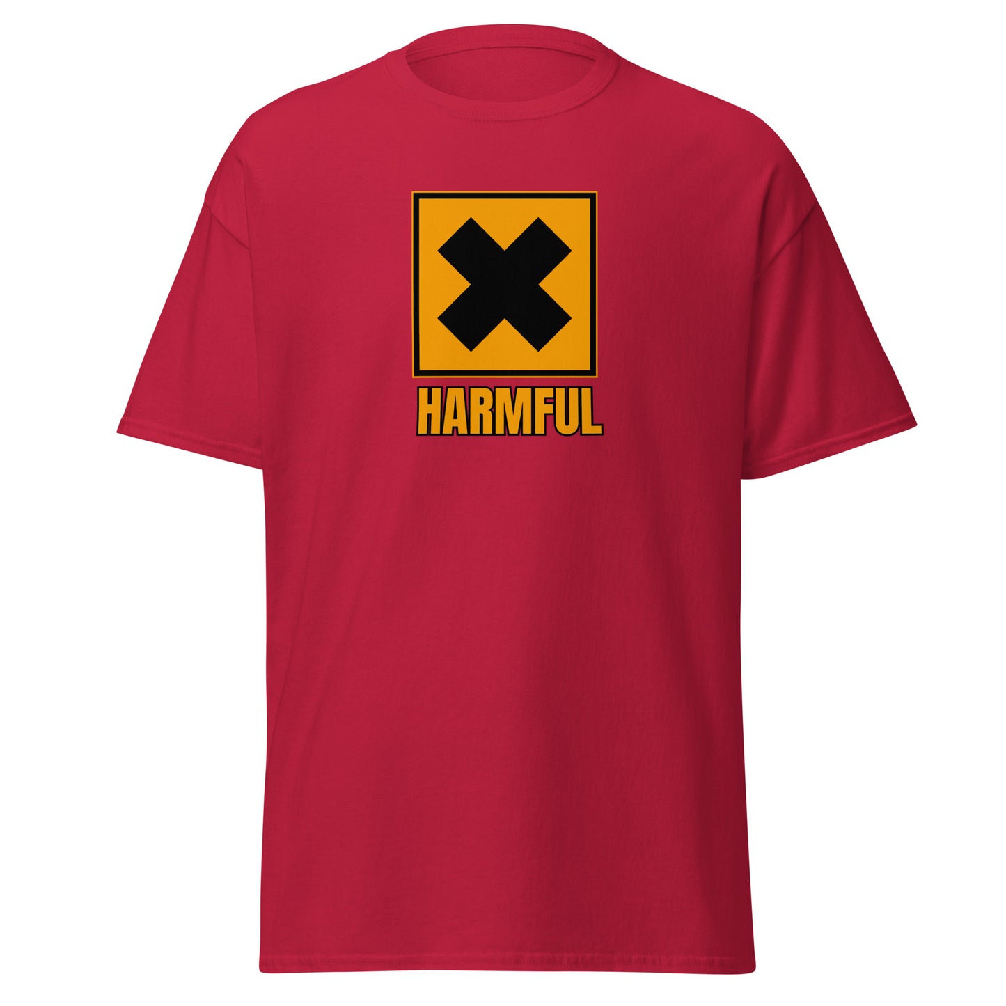 The Harmful T-Shirt by FunnyDripStore is a yellow meme shirt with a bold black X in a square above HARMFUL in black letters on the chest.