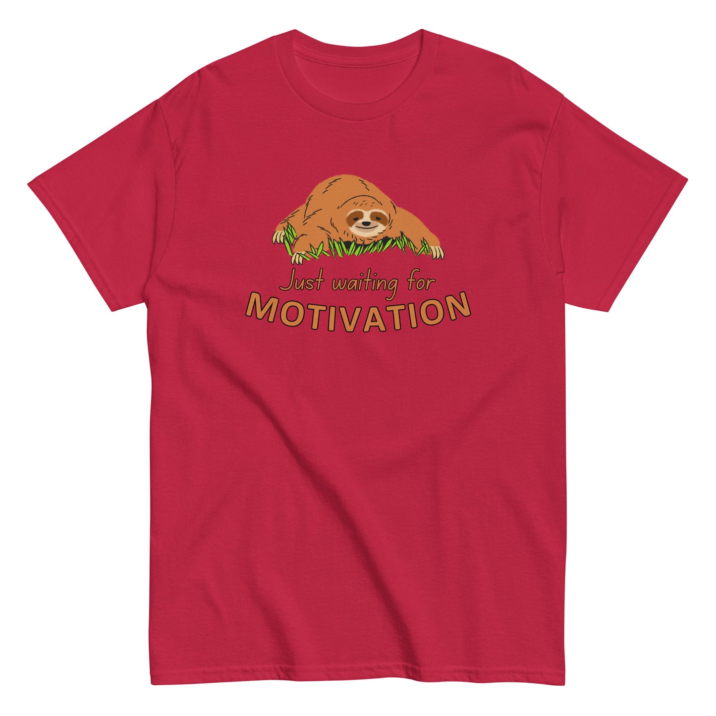 The Just Waiting For Motivation T-Shirt by FunnyDripStore features a smiling sloth on grass above bold orange and yellow text—a perfect choice for fans of funny apparel.