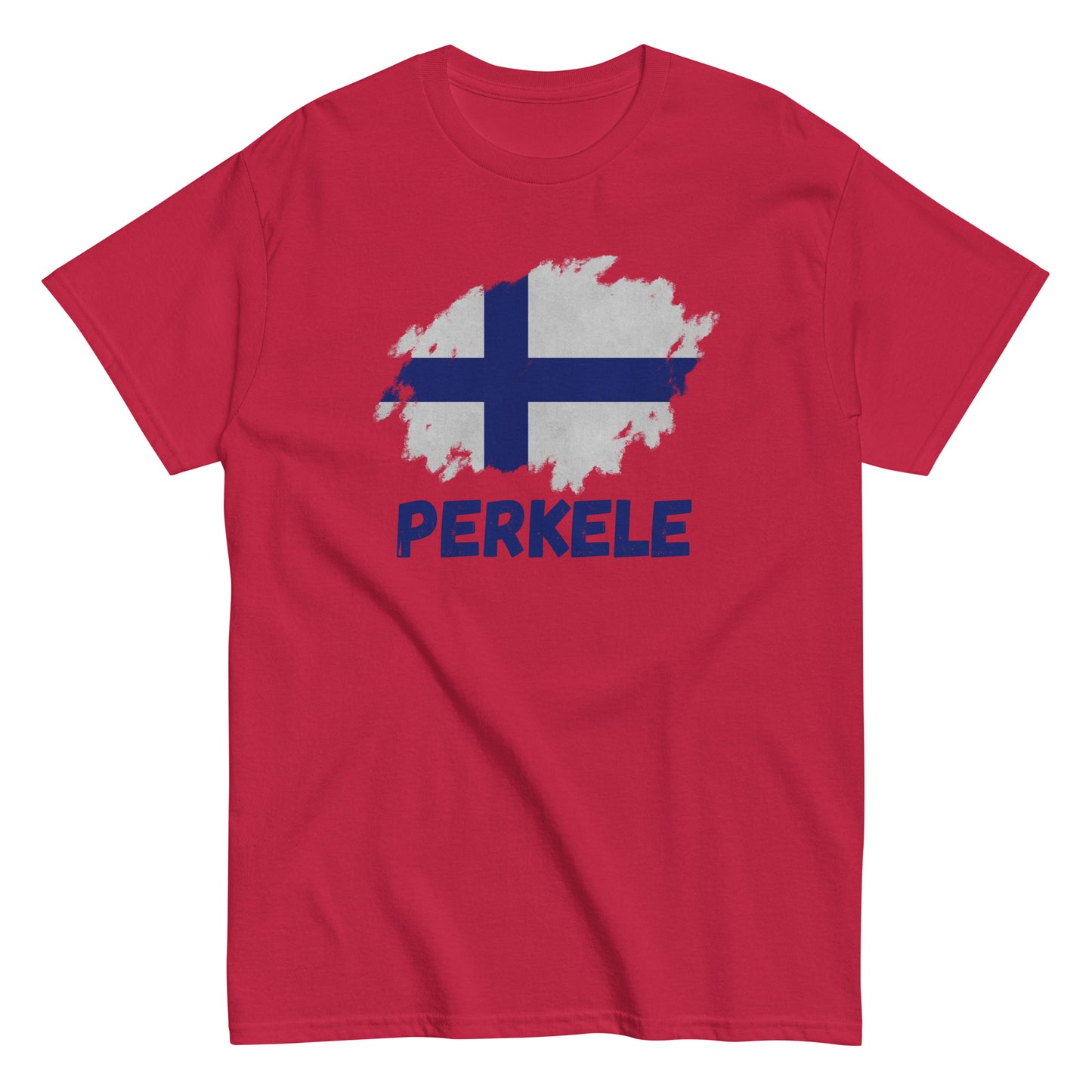 The Perkele T-Shirt by FunnyDripStore features a white design with a brushstroke Finnish flag above bold blue PERKELE text—a unique, funny tee for fans of quirky merch.