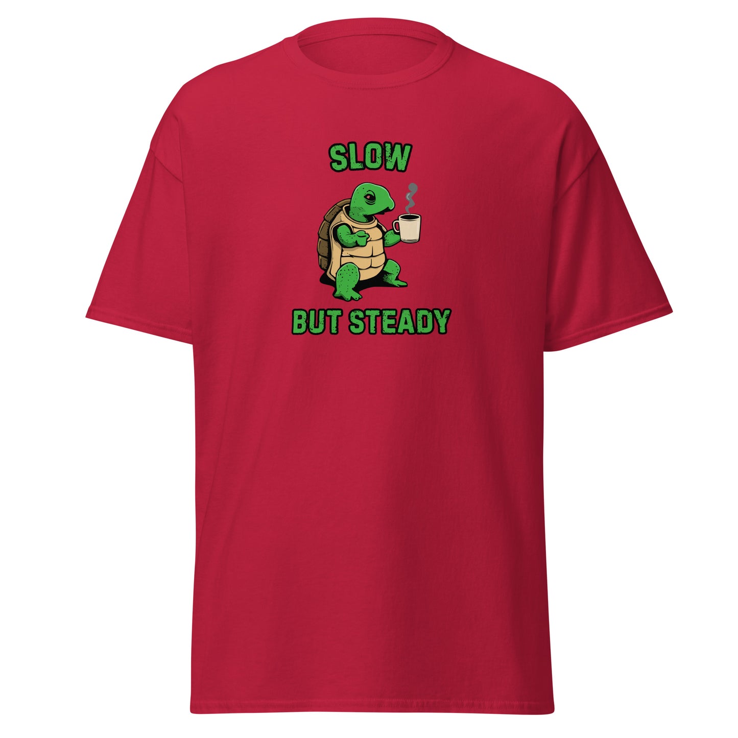 The FunnyDripStore Slow But Steady T-Shirt is a black tee with a cartoon turtle holding a coffee mug and SLOW above and BUT STEADY below in green—perfect meme shirt for coffee lovers.