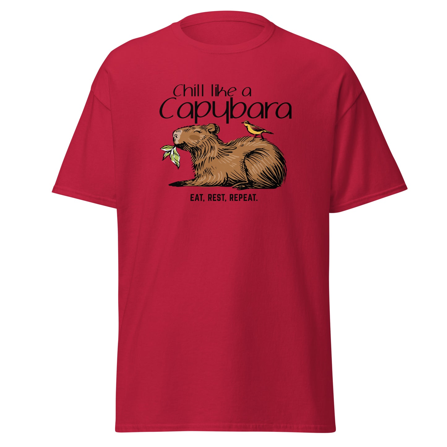 Chill Like A Capybara T-Shirt by FunnyDripStore: White tee with a relaxed capybara and bird eating a leaf, captioned “Chill like a Capybara” above and “Eat, rest, repeat” below. Perfect funny shirt for laid-back meme lovers!.