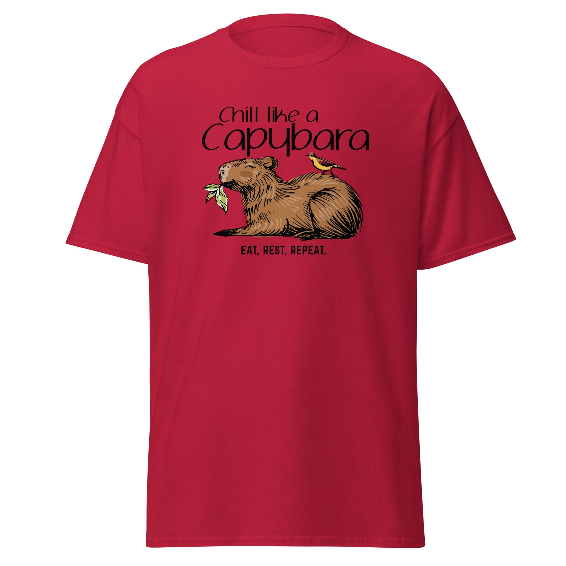 Chill Like A Capybara T-Shirt by FunnyDripStore: White tee with a relaxed capybara and bird eating a leaf, captioned “Chill like a Capybara” above and “Eat, rest, repeat” below. Perfect funny shirt for laid-back meme lovers!.