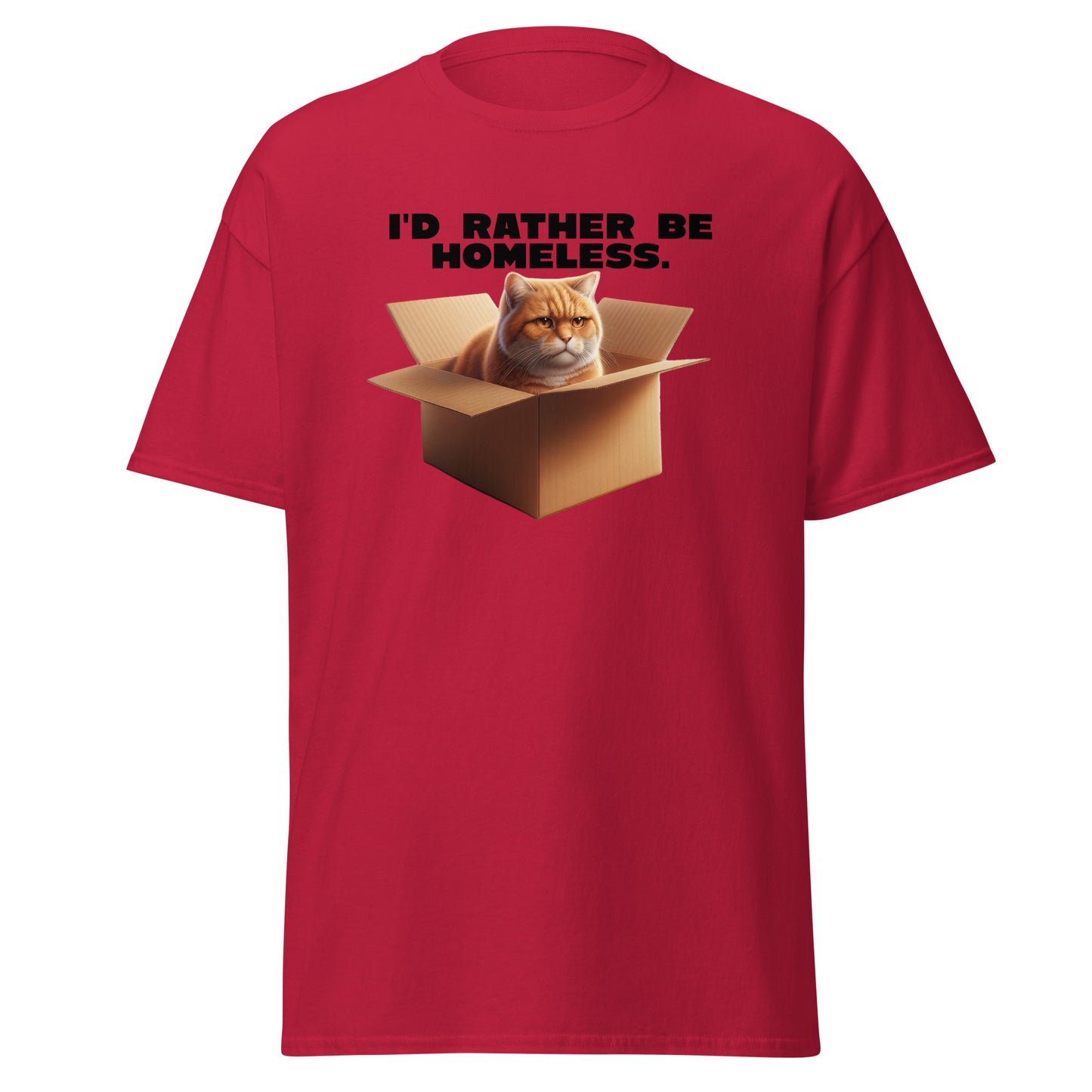 The Id Rather Be Homeless T-Shirt by FunnyDripStore features a grumpy orange cat in a box on a gold tee—perfect quirky merch for cat lovers and fans of clever text shirts.