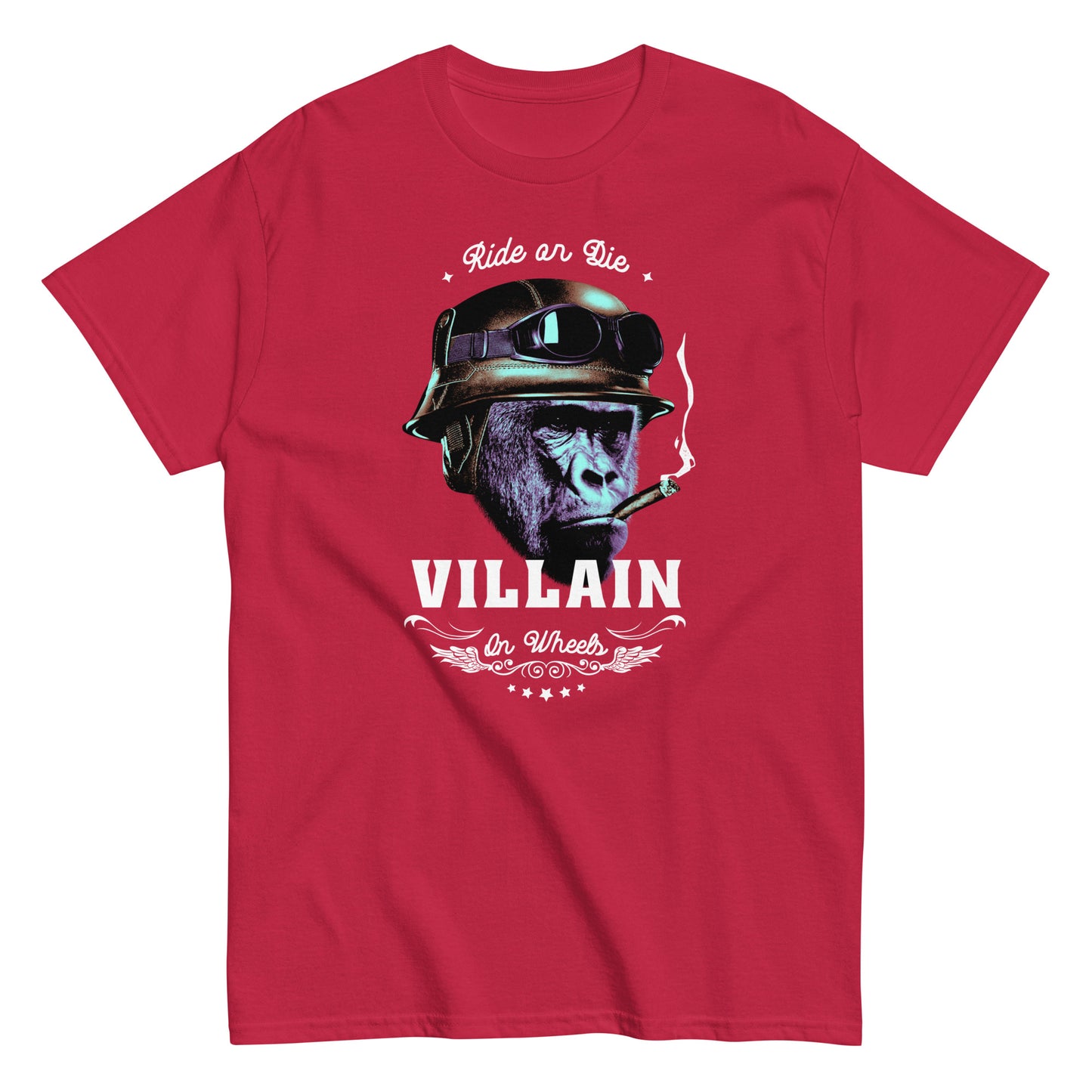 The Villain T-Shirt by FunnyDripStore features a gorilla in a helmet and goggles, smoking a cigarette, with Ride or Die above and Villain on Wheels below. This bold black tee is perfect for fans of unique, funny clothing.